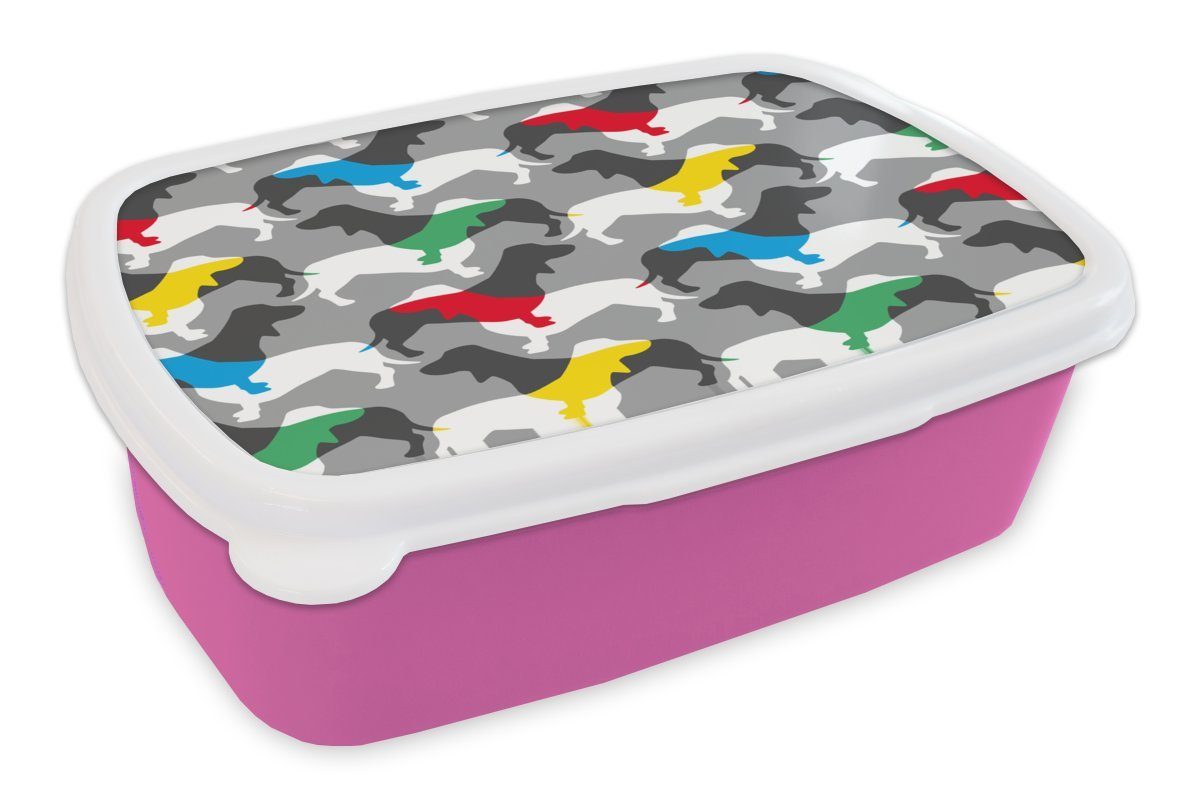MuchoWow Lunchbox Hunde - Dackel - Muster, Kunststoff, (2-tlg), Brotbox für Erwachsene, Brotdose Kinder, Snackbox, Mädchen, Kunststoff rosa