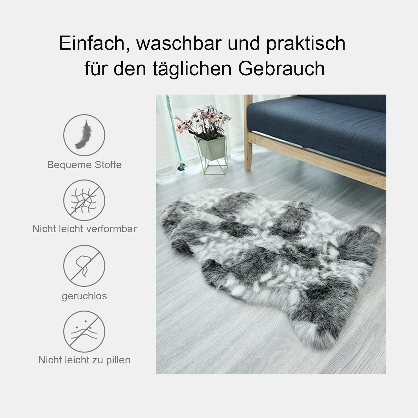 OKWISH Fellteppich Hochflor Teppich Wohnzimmerteppich Schlafzimmerteppich, fellförmig, Höhe: 60 mm, Teppiche für Bettvorleger 60*100 CM Shaggy