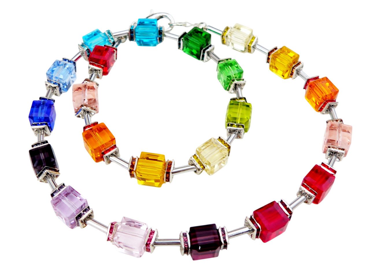 traumschmuck Collier 080c Collier Würfel Kristallglas bunt Straßquadrate (inkl Schmuckbox), handgefertigt, Made in Germany