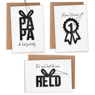 PAPIERDRACHEN Vatertagskarte Klappkarten zum Vatertag - mit Holzanhängern, mit 3 Holzcutouts in edlem schwarz und 3 Packpapier-Umschlägen