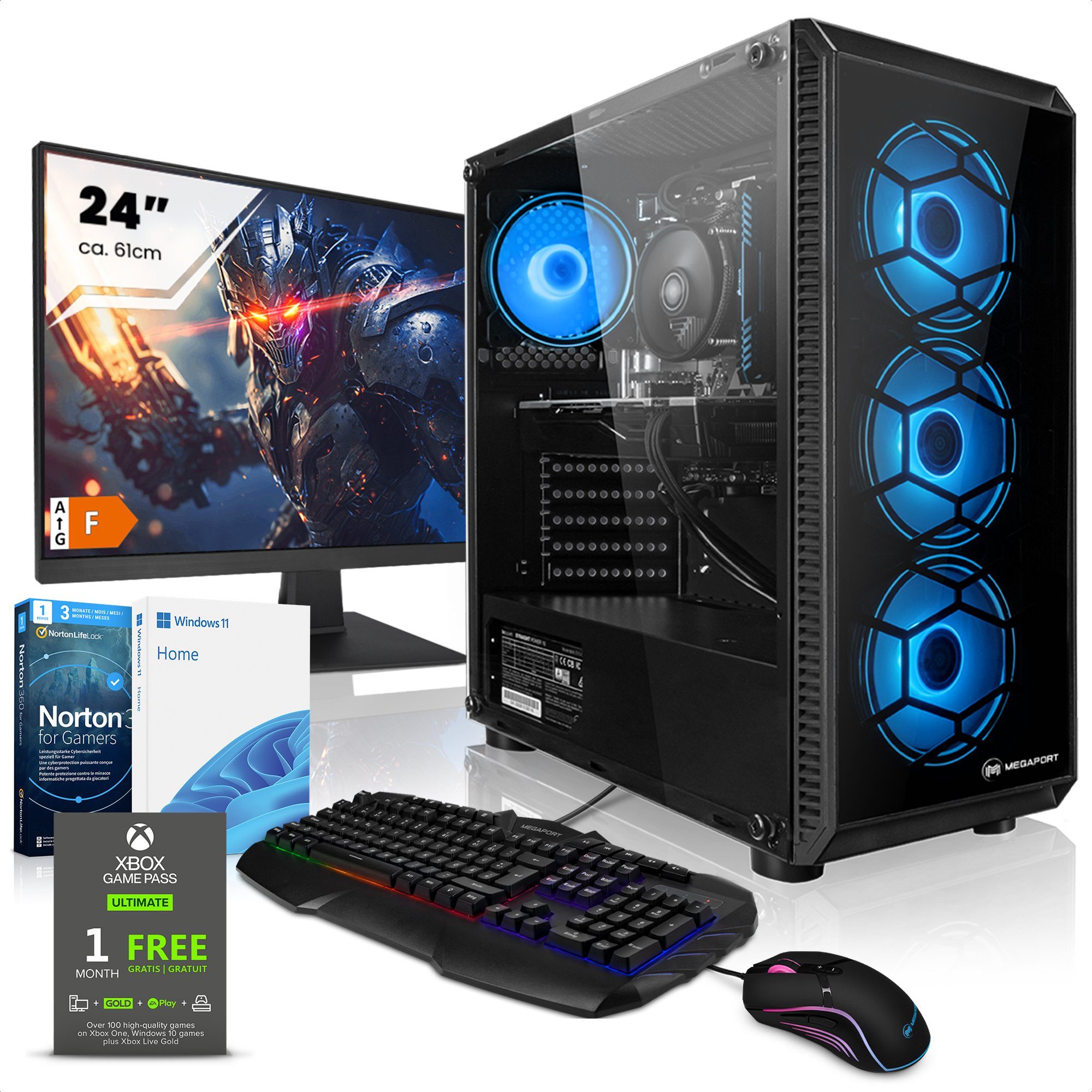 Megaport Gaming-PC-Komplettsystem (24", AMD AMD Ryzen 3 4100 4x3,80 GHz,  GeForce GTX 1650, 8 GB RAM, 250 GB SSD, Windows 11, WLAN)