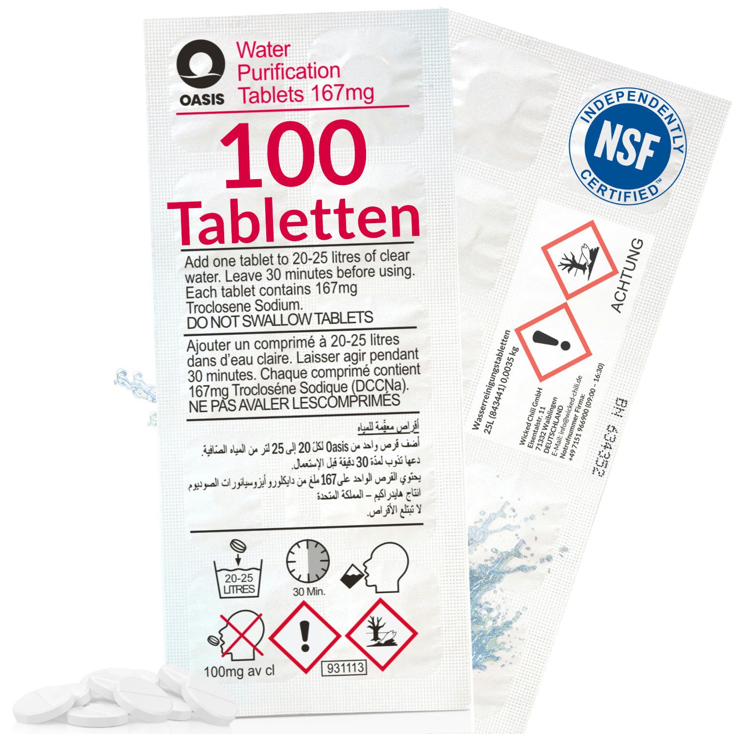 Wicked Chili Chlortabletten 100 Wasserreinigunstabletten für 2500 Liter Wasser, 100 Wasserreinigunstabletten für 2500 Liter Trinkwaser Notfall Vorsorg