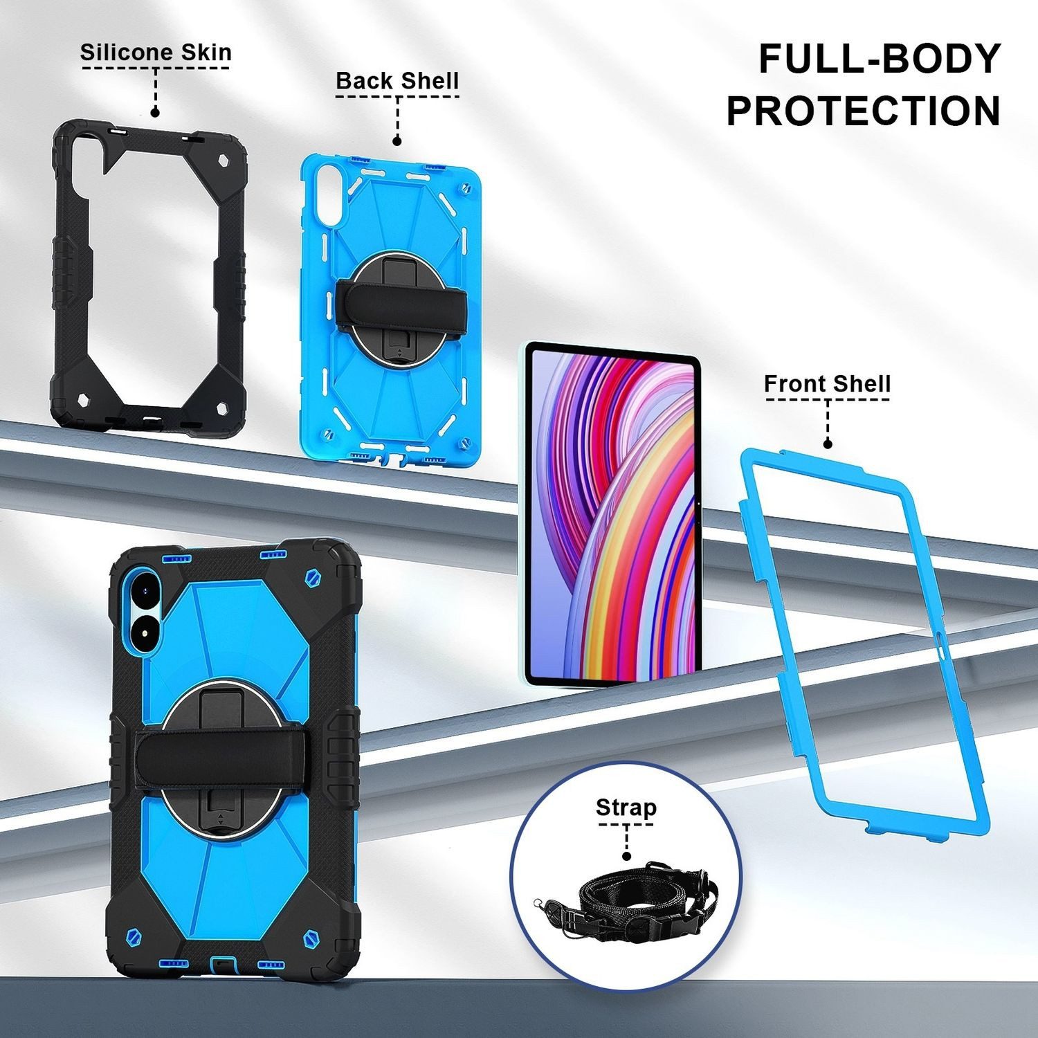 Wigento Tablet-Hülle Für Xiaomi Redmi Pad Pro 12.1 Robot Design Silikon Hybrid Hülle Blau, Hybrid Schutzhülle Smart Case Cover mit Schultergurt