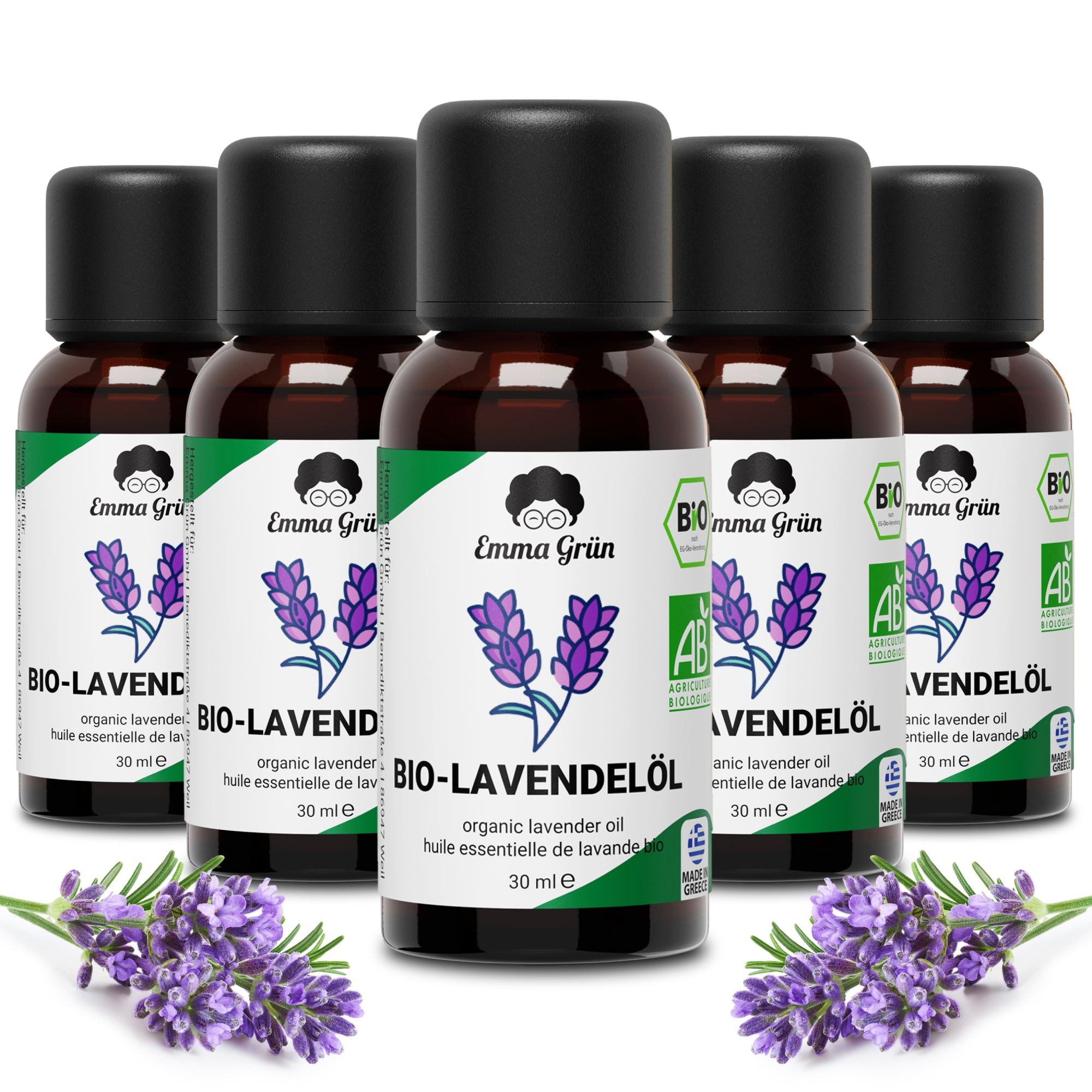 Emma Grün Duftöl Bio Lavendel 30 ml, naturrein & hochdosiert (Set, Je nach Auswahl: 1x, 2x oder 5x Bio Lavendelöl 30 ml), Höchste Bio-Zertifizierung als Lebensmittel, naturrein & ohne Zusätze