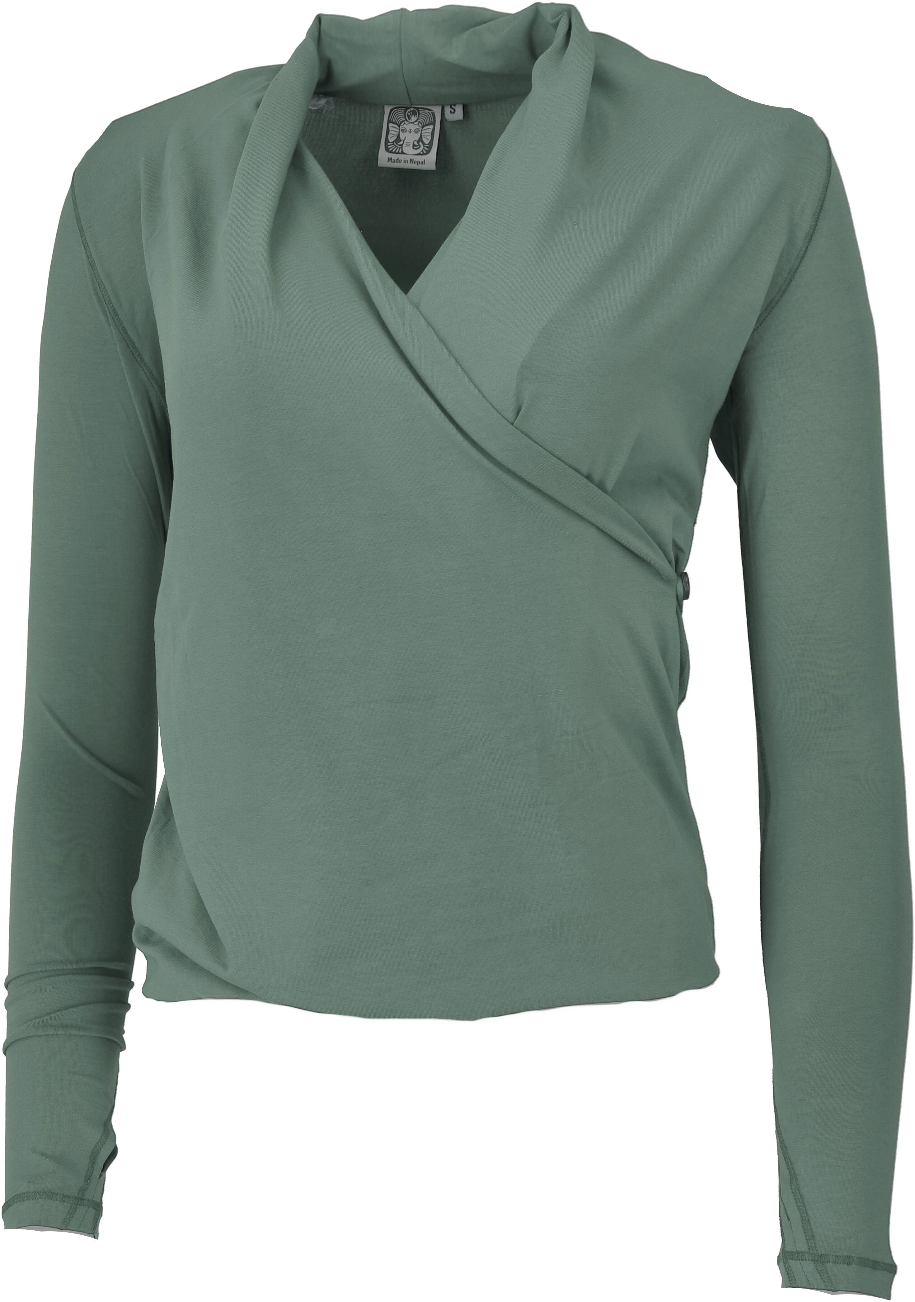 Guru-Shop Longsleeve Langarmshirt im Wickellook mit Daumenloch,.. alternative Bekleidung grün