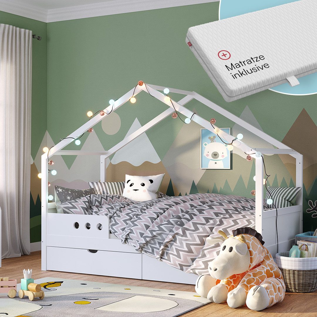 Bellabino Hausbett Bela 90x200 cm aus Massivholz Kiefer (weiß mit 1 Schubla günstig online kaufen