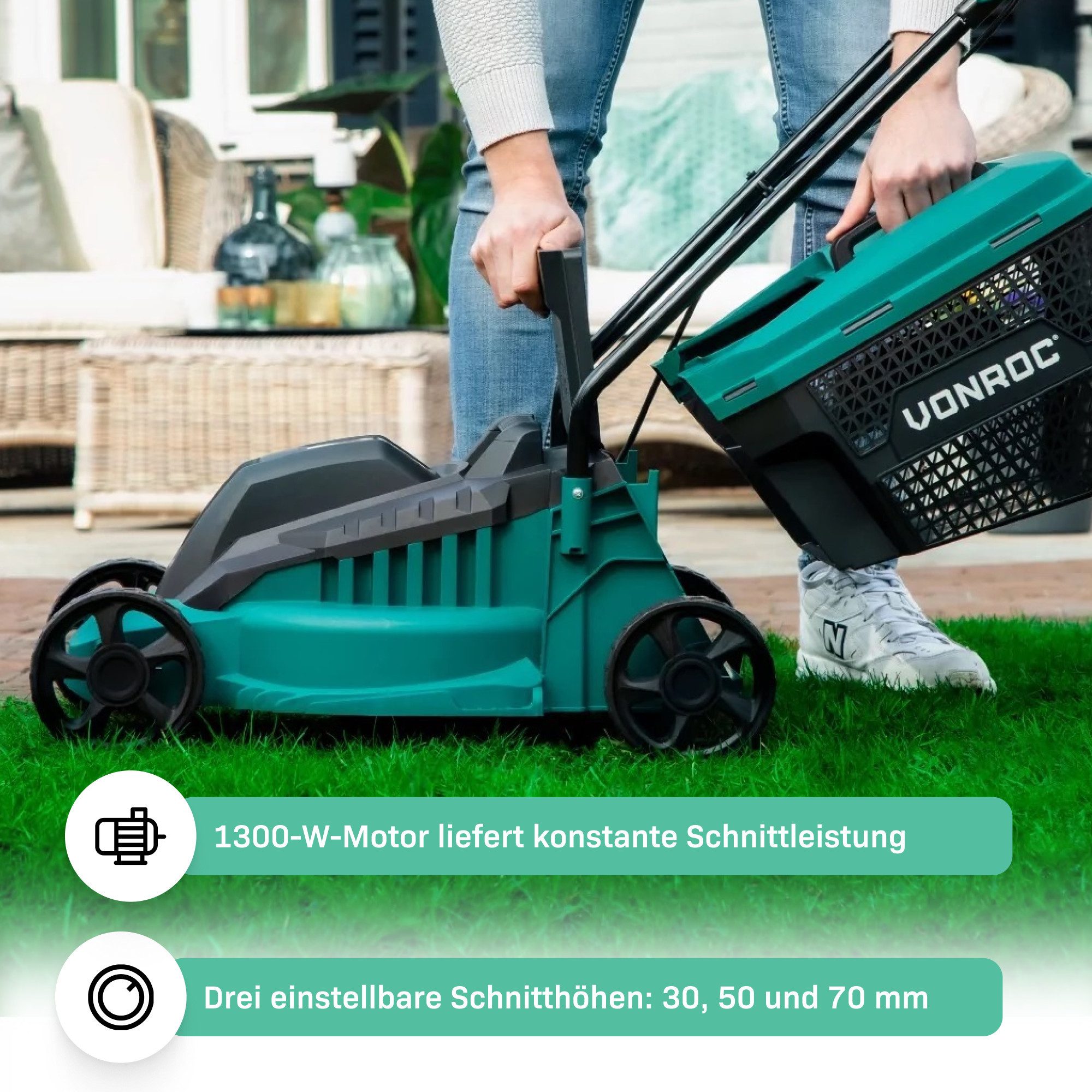 VONROC Elektrorasenmäher mit Kabel - Rasenmäher Elektro für kleine bis mittelgroße Flächen, 32 cm Schnittbreite, (Set, Basisversion), 1300W - einstellbare Schnitthöhe 30-70MM