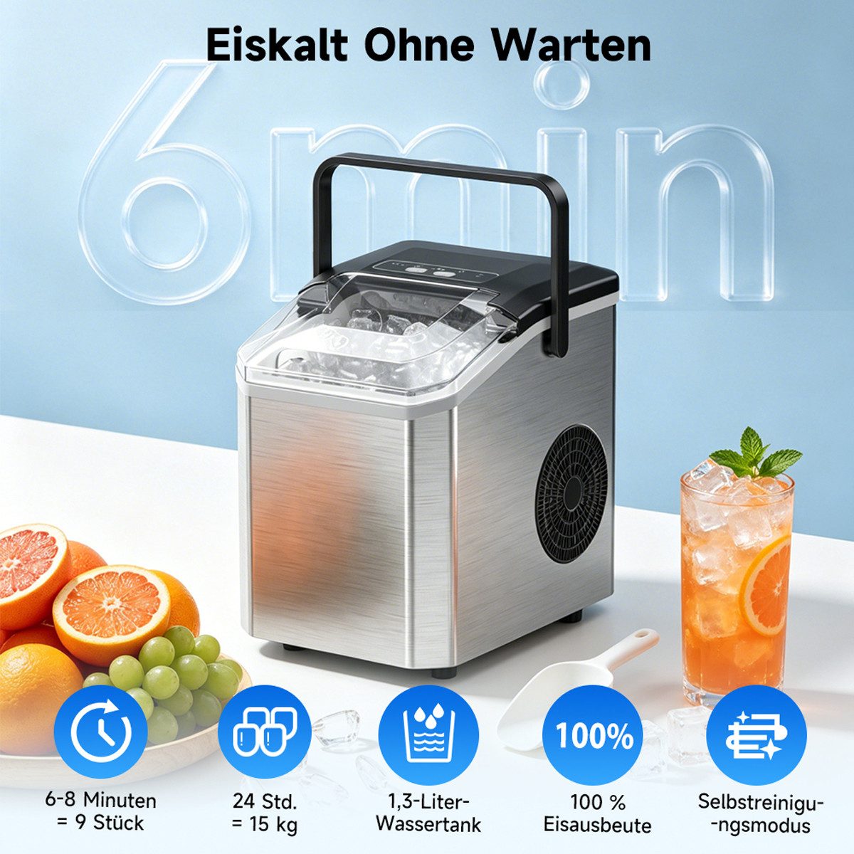 Pdgrid Eiswürfelmaschine 1.3L Edelstahl ice maker Eiswürfel in 6 Minuten geräuscharm, mit Selbstreinigung ;2 Größen/15 kg/24 H;LED-Anzeige;für Küche,Büro