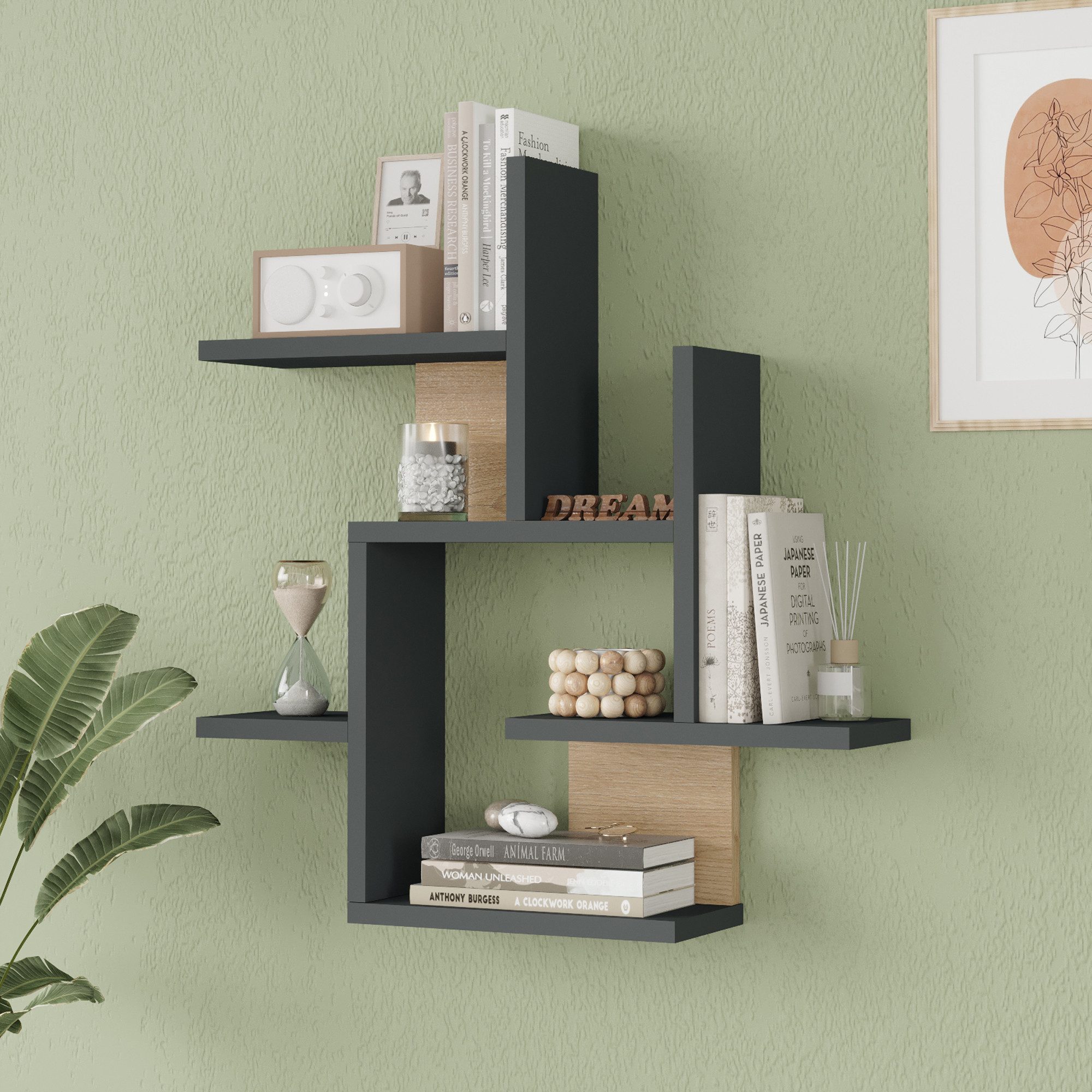 en.casa Wandregal, »Reyna« mit 7 Ablagen 66x63x15 cm Anthrazit / Holzoptik