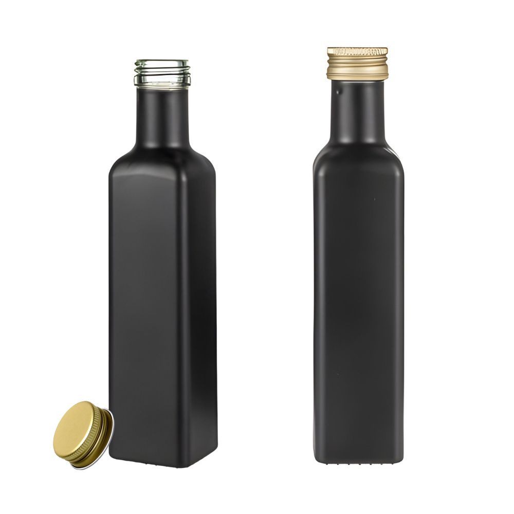 Ölspender Ölflasche 250 ml matt schwarz mit Deckel & Etiketten, 2 Stück