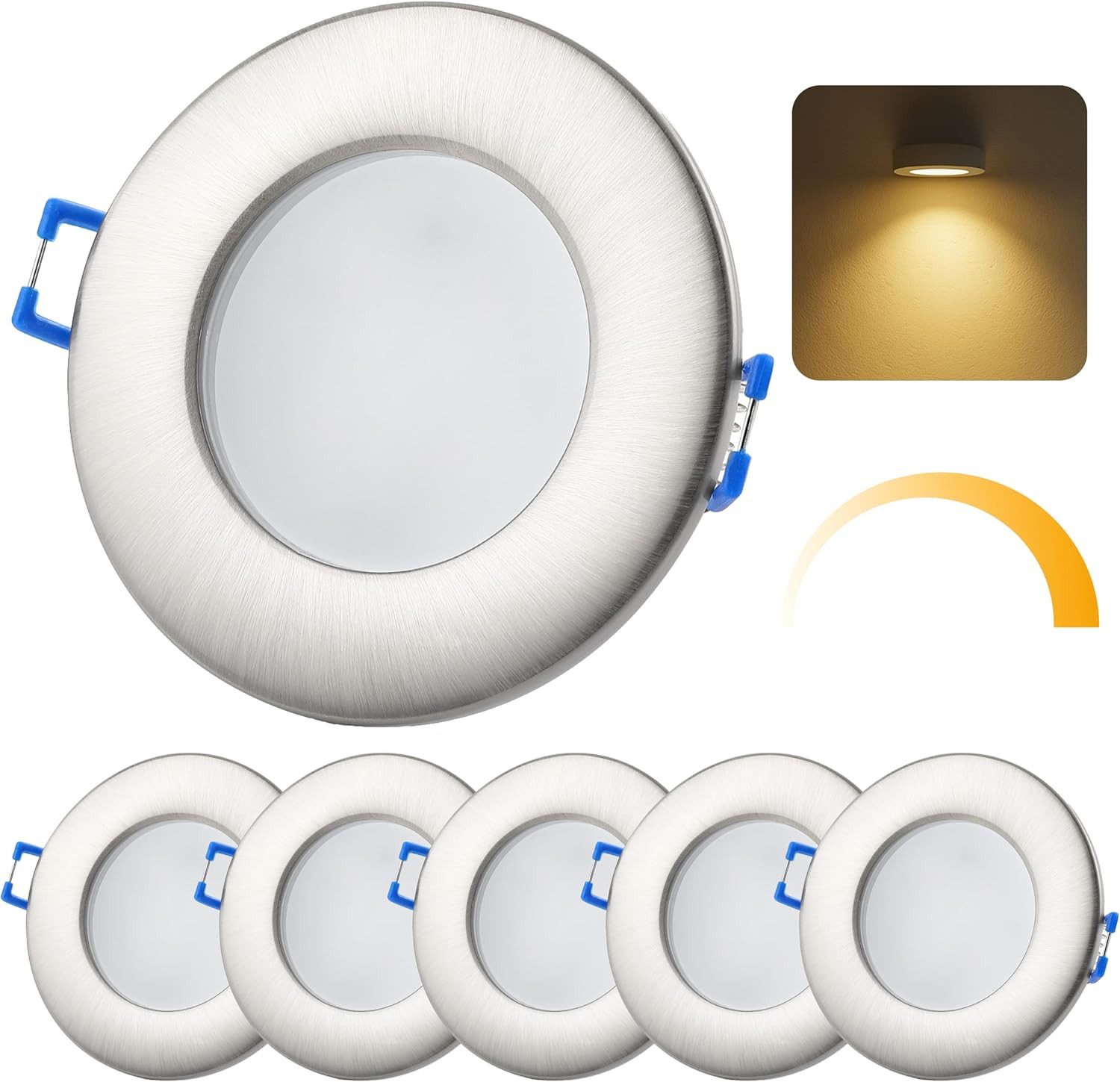Sweet LED LED Einbaustrahler 5er SET LED Einbauspots IP44 6,5W 230V 3000K dimmbar flach Warmweiß, 3000K, Warmweiß, Deckenspots, Ø 85 mm, Einbauleuchten