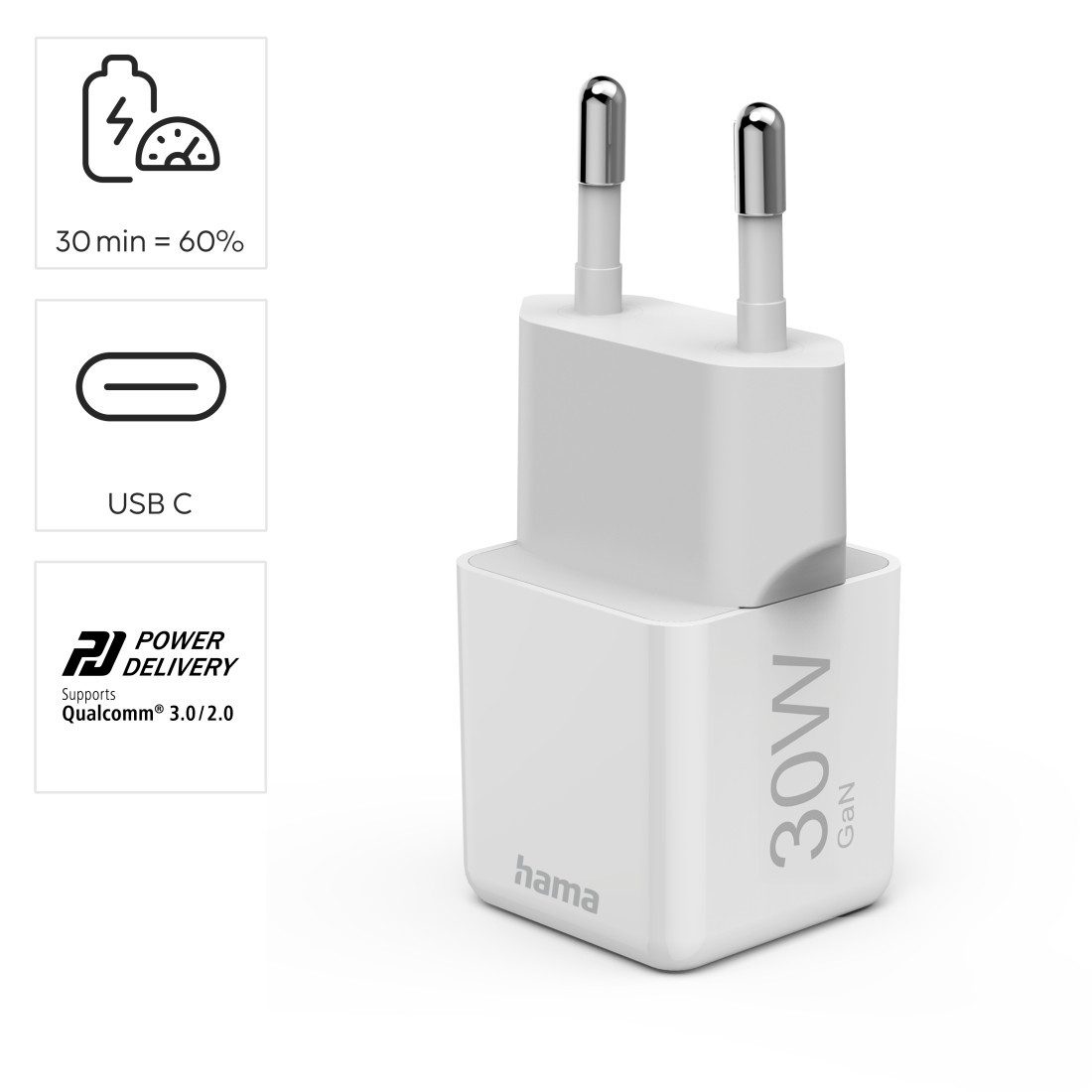Hama Schnellladegerät (USB-C, PD/QC, extraklein 3,1 x 2,85 x 2,85 cm, 30 W) Schnelllade-Gerät (1-tlg., GaN-Ladegerät für Handys, Tablets, AirPods und Power Packs)