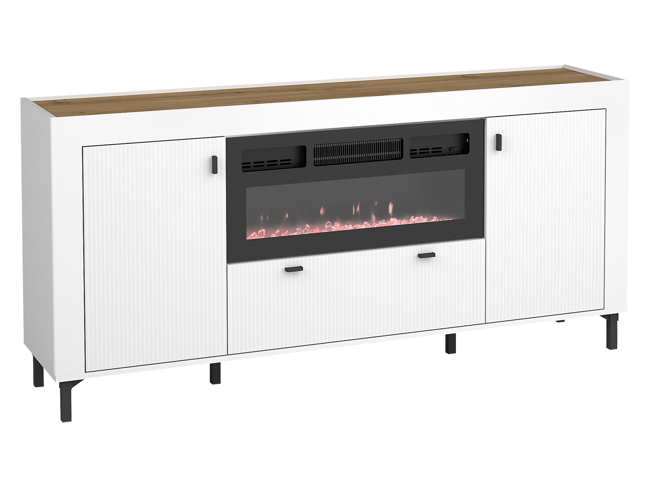 MIRJAN24 Kommode Mossa 2D1S MO07 mit Kamin (mit zwei Drehtüren und Schublade), Realistische LED-Flamme, 177x40x84 cm