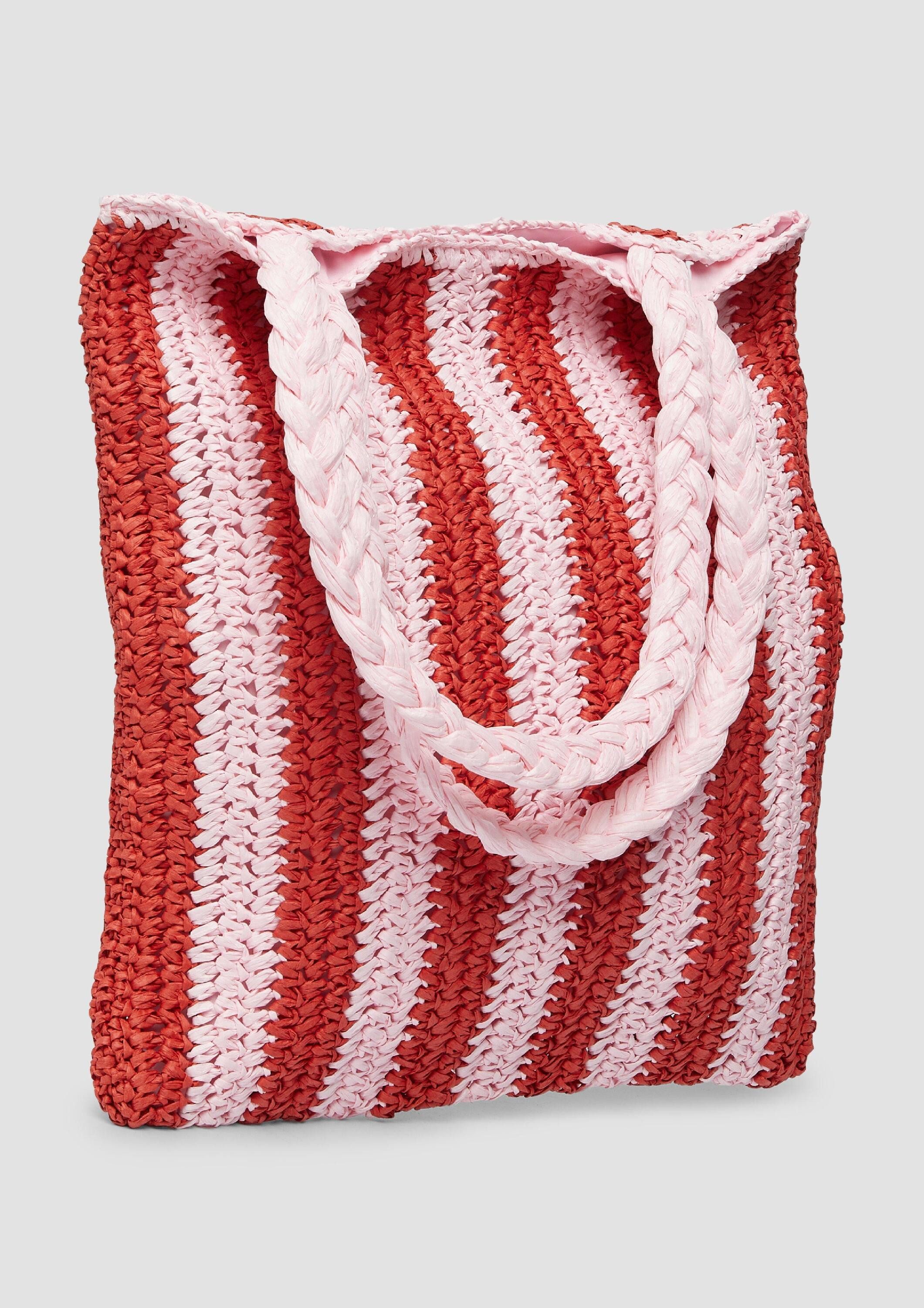 s.Oliver Schultertasche Tasche, Gestreifte Raffia-Tasche mit geflochtenem Henkel
