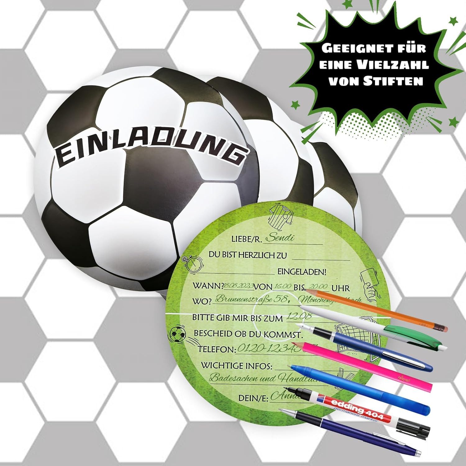 aitsite Einladungskarten 12er Set Einladungskarten Kindergeburtstag Fußball Design Party Karten, 12er Set Fußball Einladungskarten Kindergeburtstag, beschreibbar, bunt
