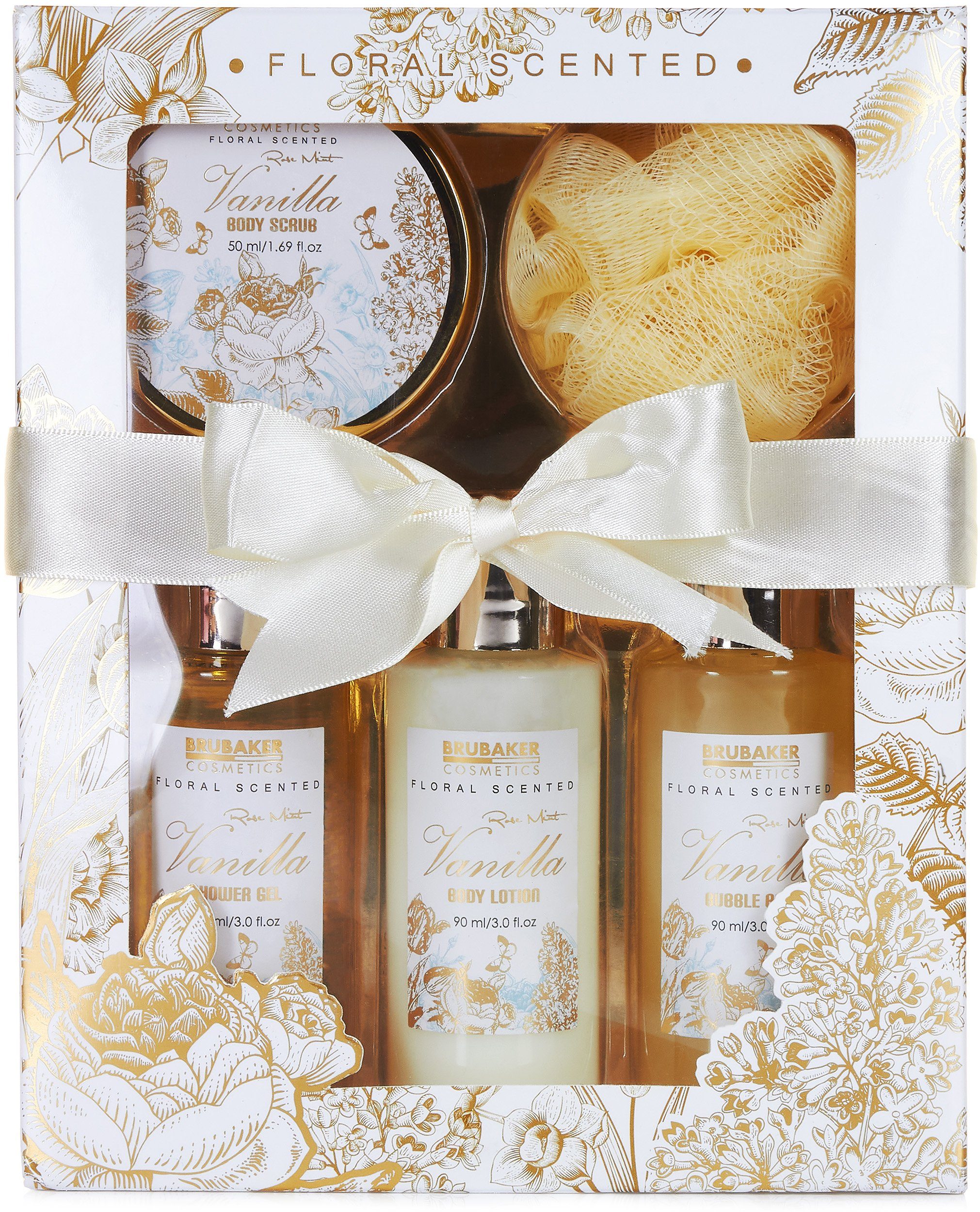 BRUBAKER Pflege-Geschenkset Dusch- und Badeset mit Vanille, Rosen & Minze Duft, 5-tlg., Frauen Geschenkset in Sichtfensterbox, Beauty Pflegeset für Damen