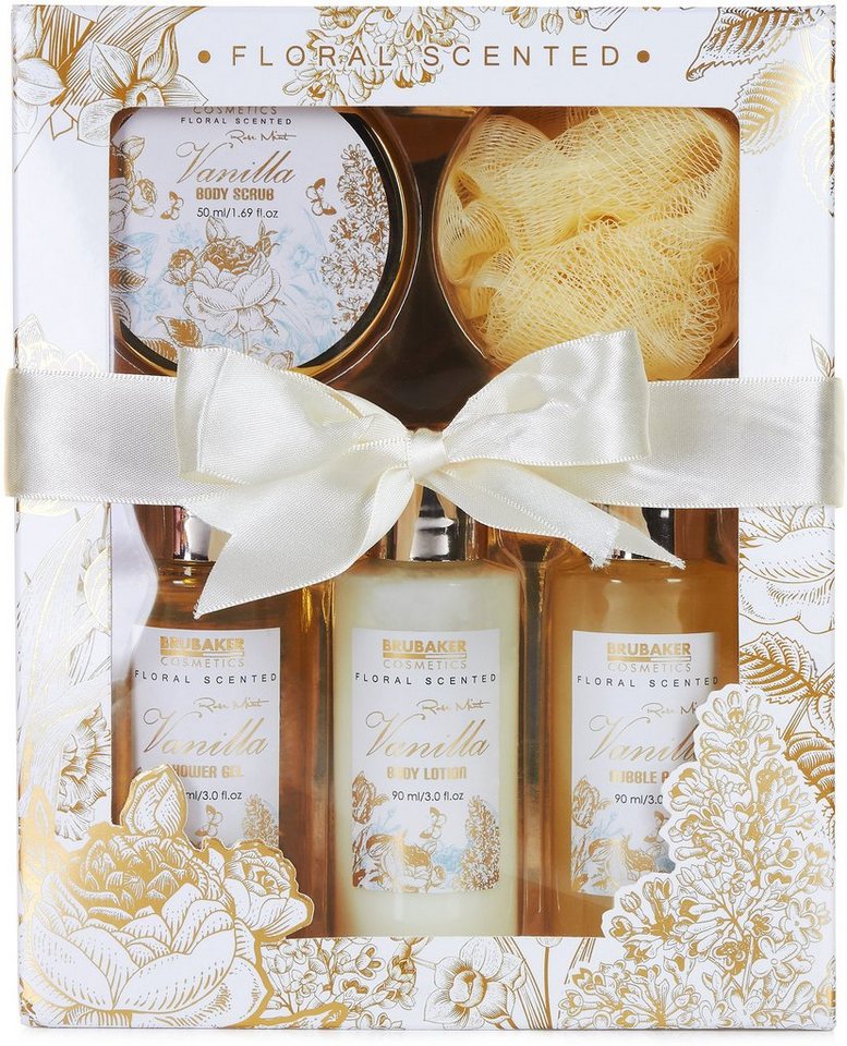 BRUBAKER Pflege-Geschenkset Dusch- und Badeset mit Vanille, Rosen & Minze Duft, 5-tlg., Frauen Geschenkset in Sichtfensterbox, Beauty Pflegeset für Damen