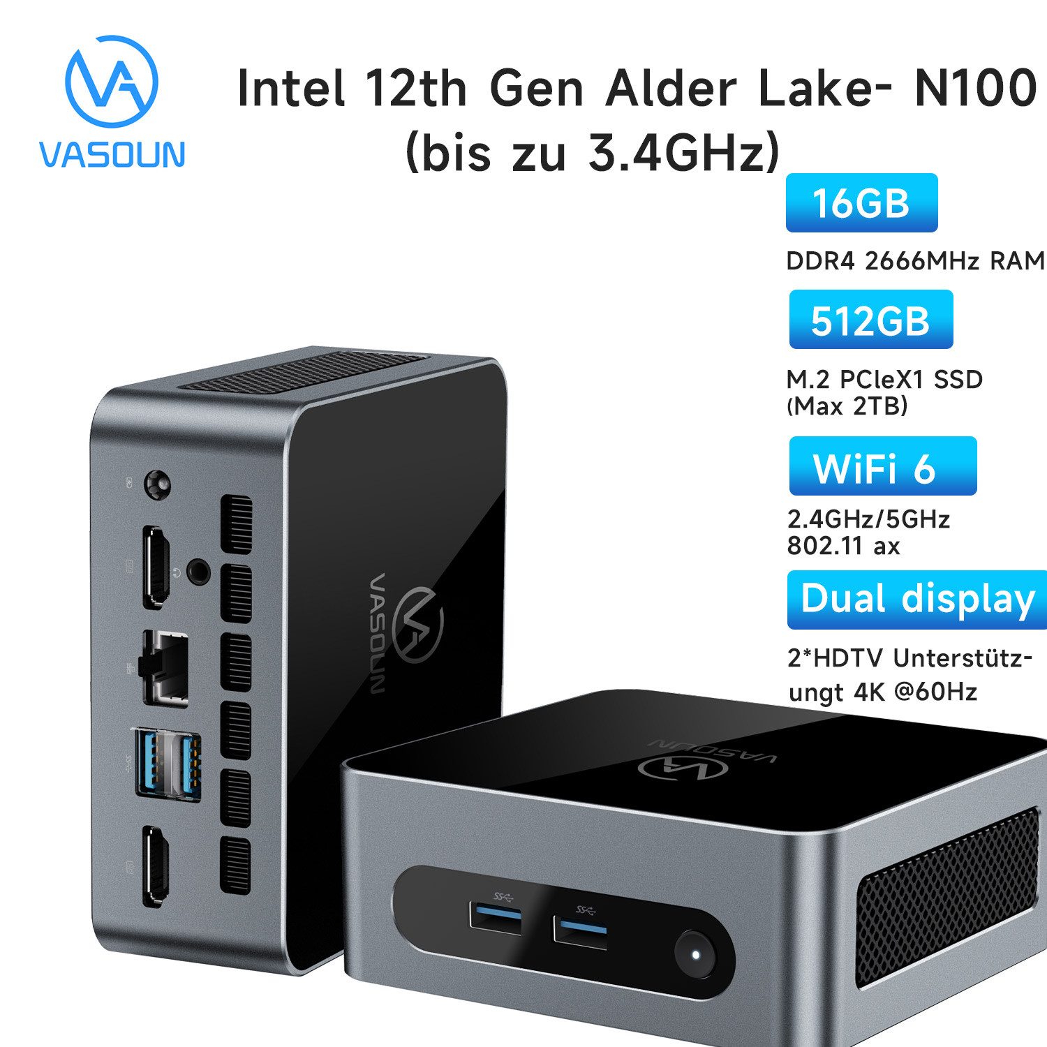 VASOUN Mini-PC mit Intel Alder Lake, 16 GB RAM, 512 GB SSD, WiFi 6, Dual 4K Mini-PC (Intel, Intel HD Graphics, 16 GB RAM, Lüfter und Kühlkörper, Schwarz)