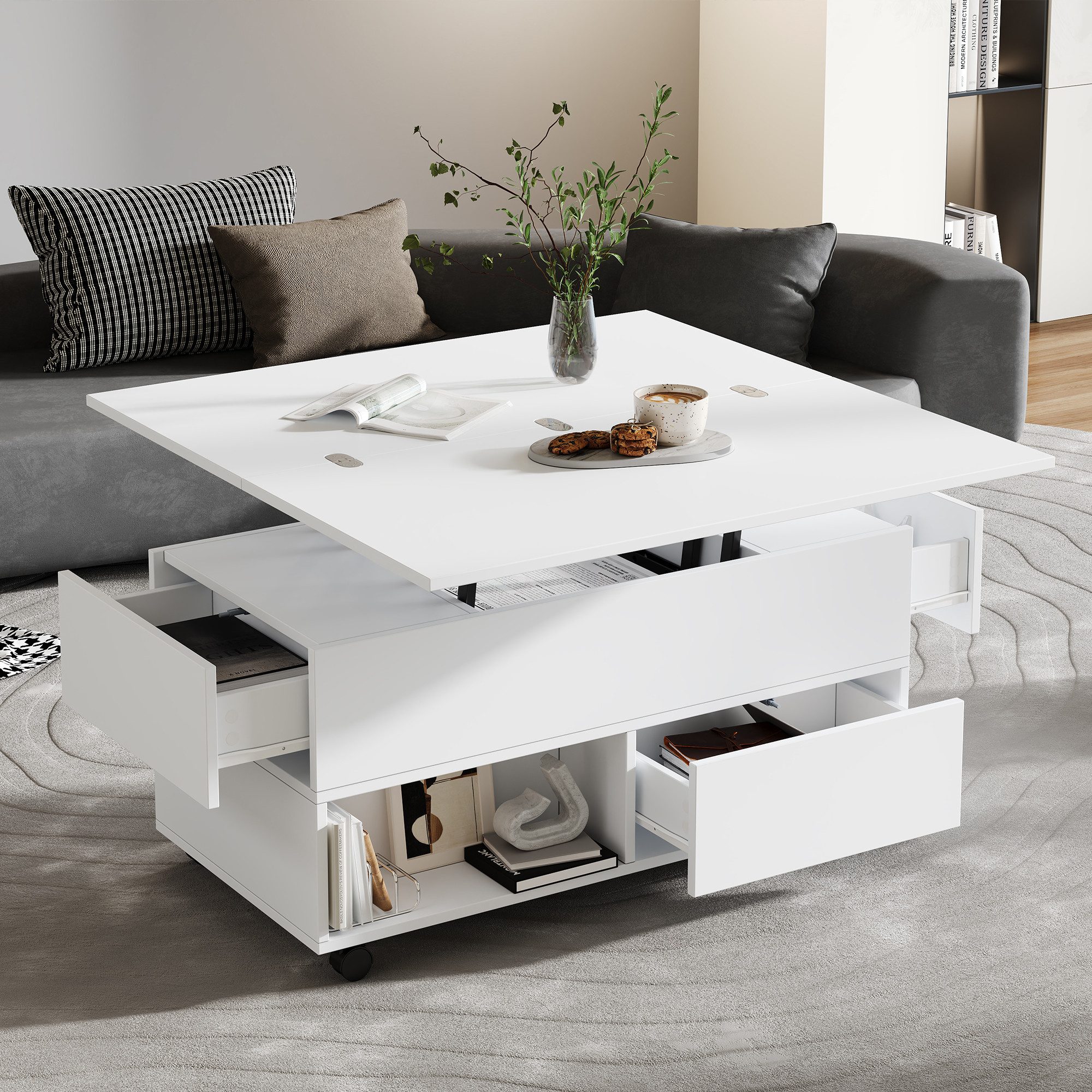 BlingBin Couchtisch mit anhebbarer Tischplatte und Rollen (Kaffeetisch, 1-St., 100 x 50 x 52 cm), Wohnzimmertisch mit 4 Schubladen und offenen Ablagen, weiß