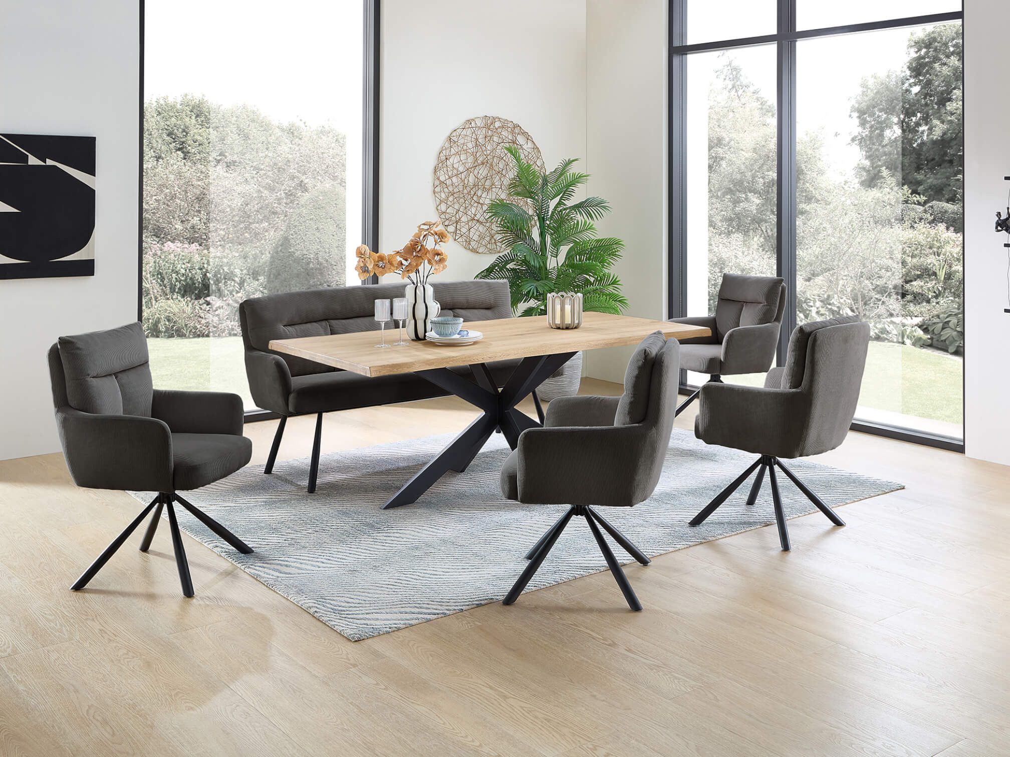 moebel-dich-auf Esszimmer-Set PORTOFINO, (Esstisch mit Stühlen Eiche Massivholz mit Baumkante 200 cm breit, 1 Tisch, 4 Stühle, 6 Stühle oder 4 Stühle mit Bank), Sitzgruppe mit Cordbezug
