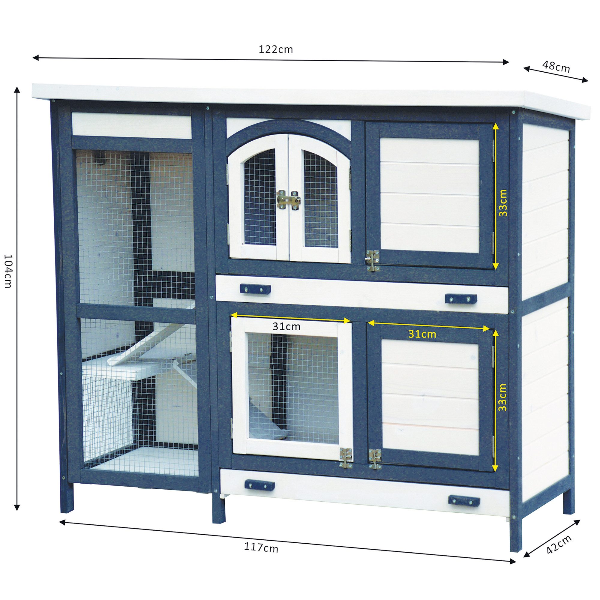 Zooprinz Kleintierstall Krümmel auf Holzfüßen 2 Etagen 122x104x48 cm (BxHxT), Bitumendach, massives Vollholz, wetterfest