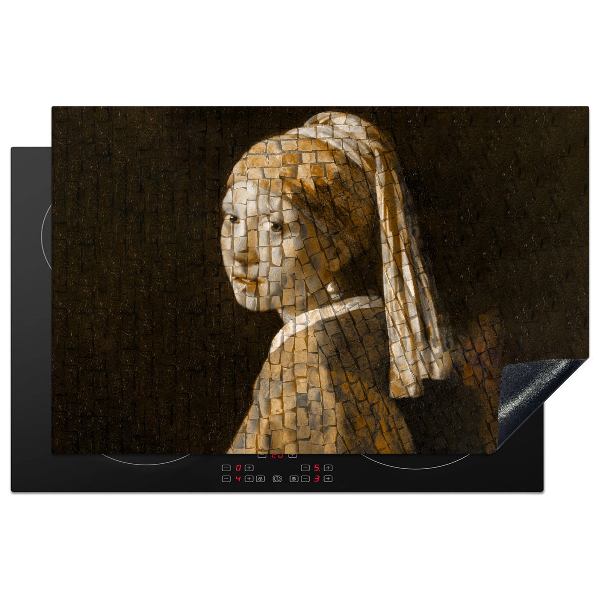 MuchoWow Herdblende-/Abdeckplatte Mädchen mit Perlenohrring Induktionskochfeld - für (1 Vinyl, Vermeer tlg), die 81x52 Mosaik, Schutz küche, Ceranfeldabdeckung cm, 