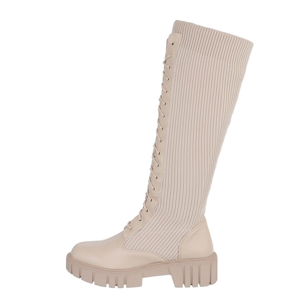 Schnürstiefel Schnürschuhe Plateaustiefel Damen Blockabsatz Ital-Design Beige in Freizeit