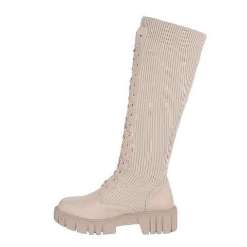 Ital-Design Damen Schnürschuhe Freizeit Plateaustiefel Blockabsatz Schnürstiefel in Beige