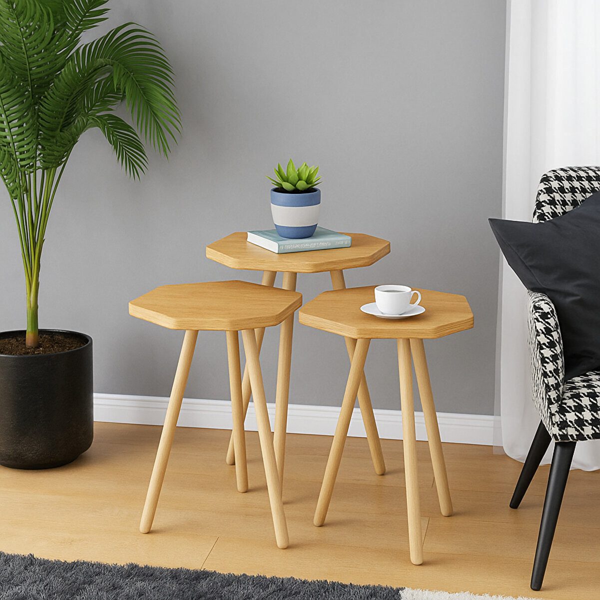 en.casa Couchtisch (3-St., 3-teiliges Satztisch-Set), 3er-Set, sechseckig, Holzbeine 91332197