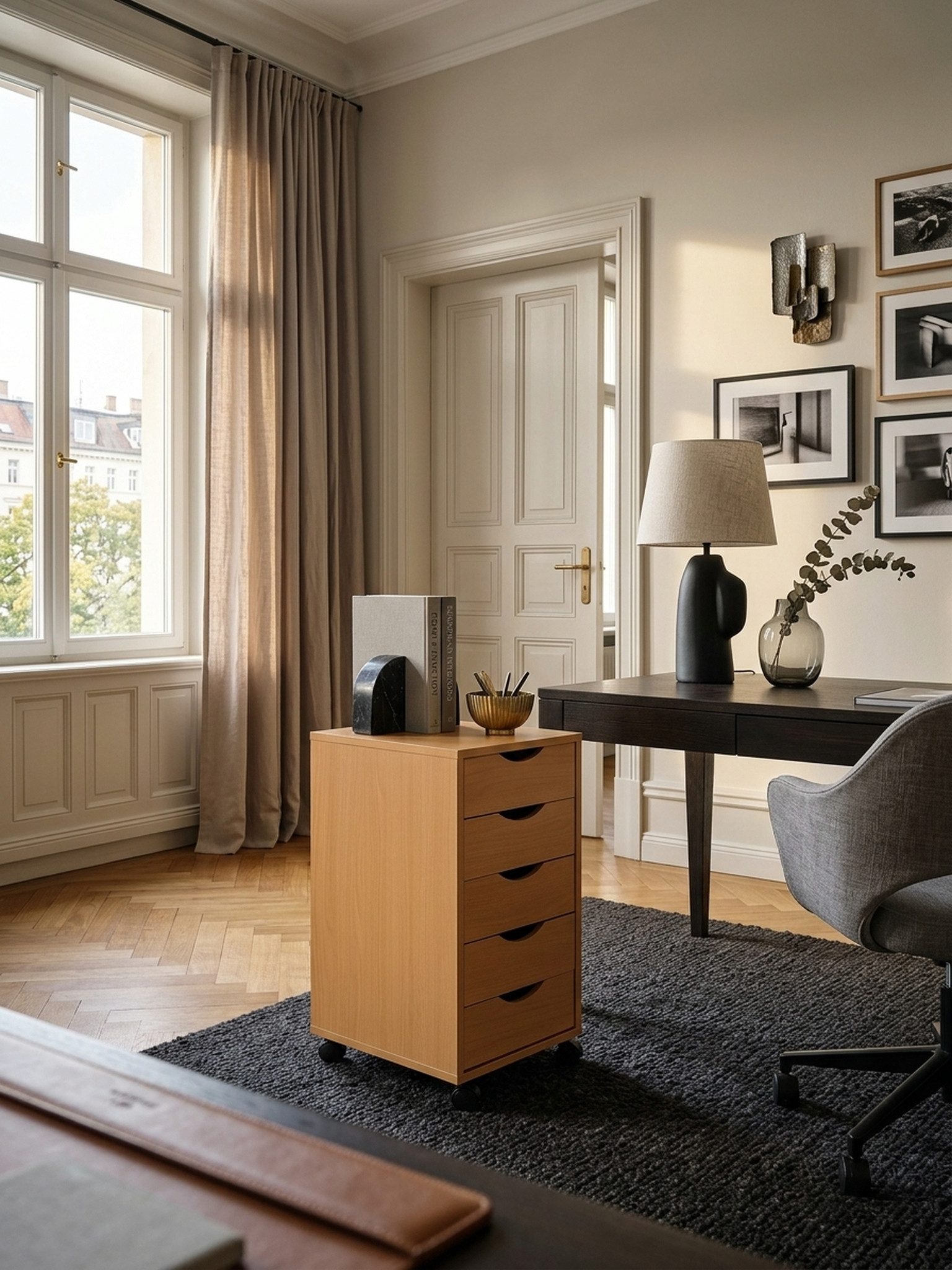 KADIMA DESIGN Rollcontainer Rollcontainer 33x64x38cm Buche MDF-Holz, Bürocontainer, (Moderner Schubladencontainer mit Rollen, Standcontainer), Schreibtisch-Container Rollschrank 5 Schubladen, Beistellcontainer
