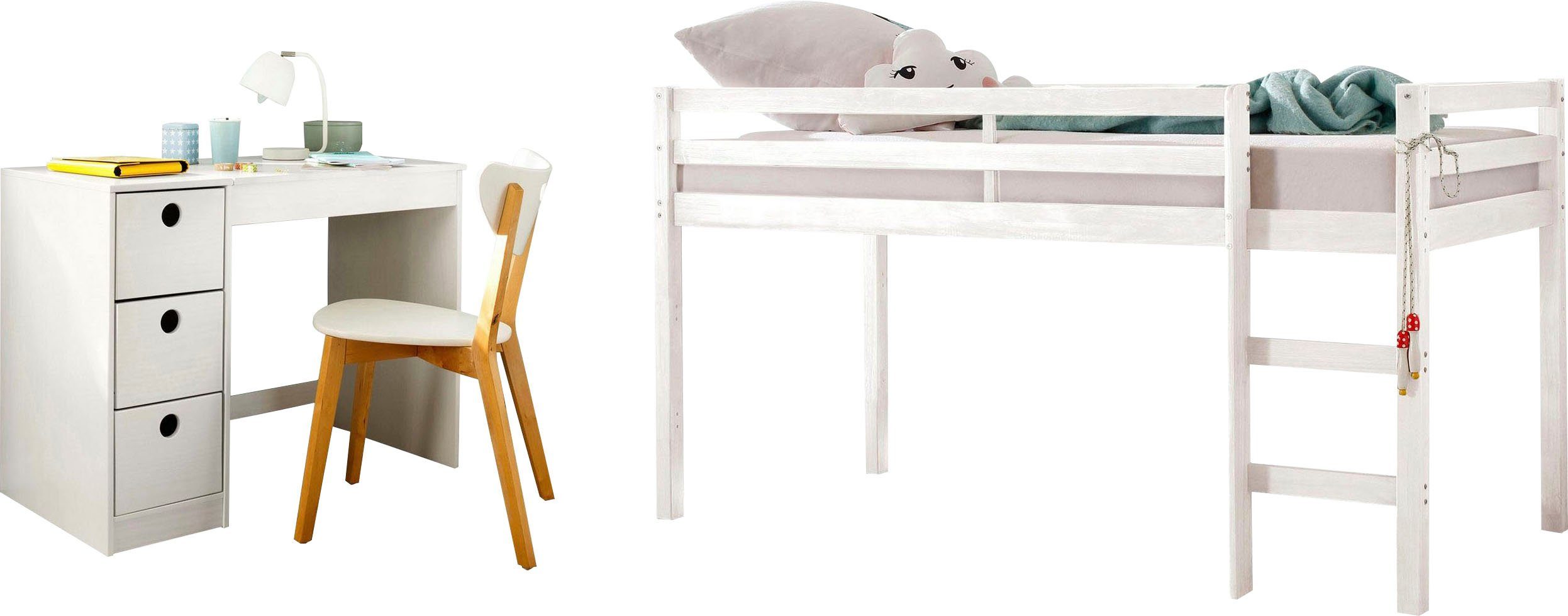 Lüttenhütt Jugendzimmer-Set Alpi, (Spar-Set, 2-St), Hochbett und Schreibtisch mit Stauraum, perfekt für kleine Räume weiß