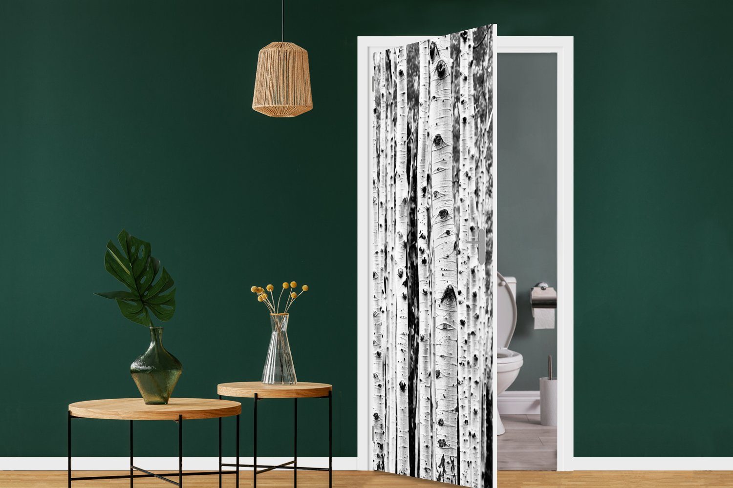 MuchoWow Türtapete - und Tür, Holz (1 75x205 Schwarz bedruckt, weiß für Türaufkleber, - Natur, cm Bäume St), Matt, - Fototapete