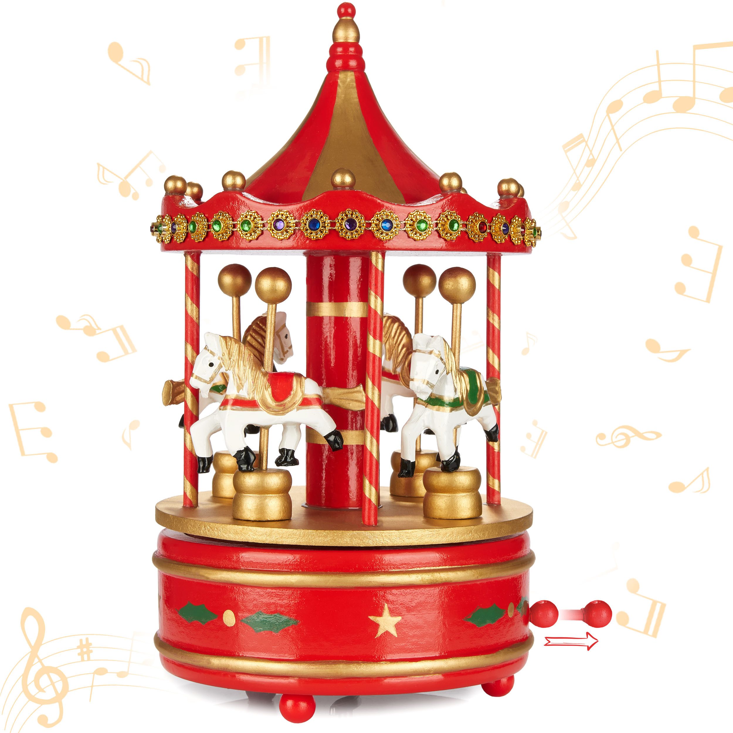 BRUBAKER Spieluhr Spieluhr aus Holz - Nostalgie Karussell mit Pferden, (Melodie: Jingle Bells - Musik Box - Rot Gold, 1-tlg), 24 cm Spieldose Dekoration für Weihnachten - Weihnachtsdeko