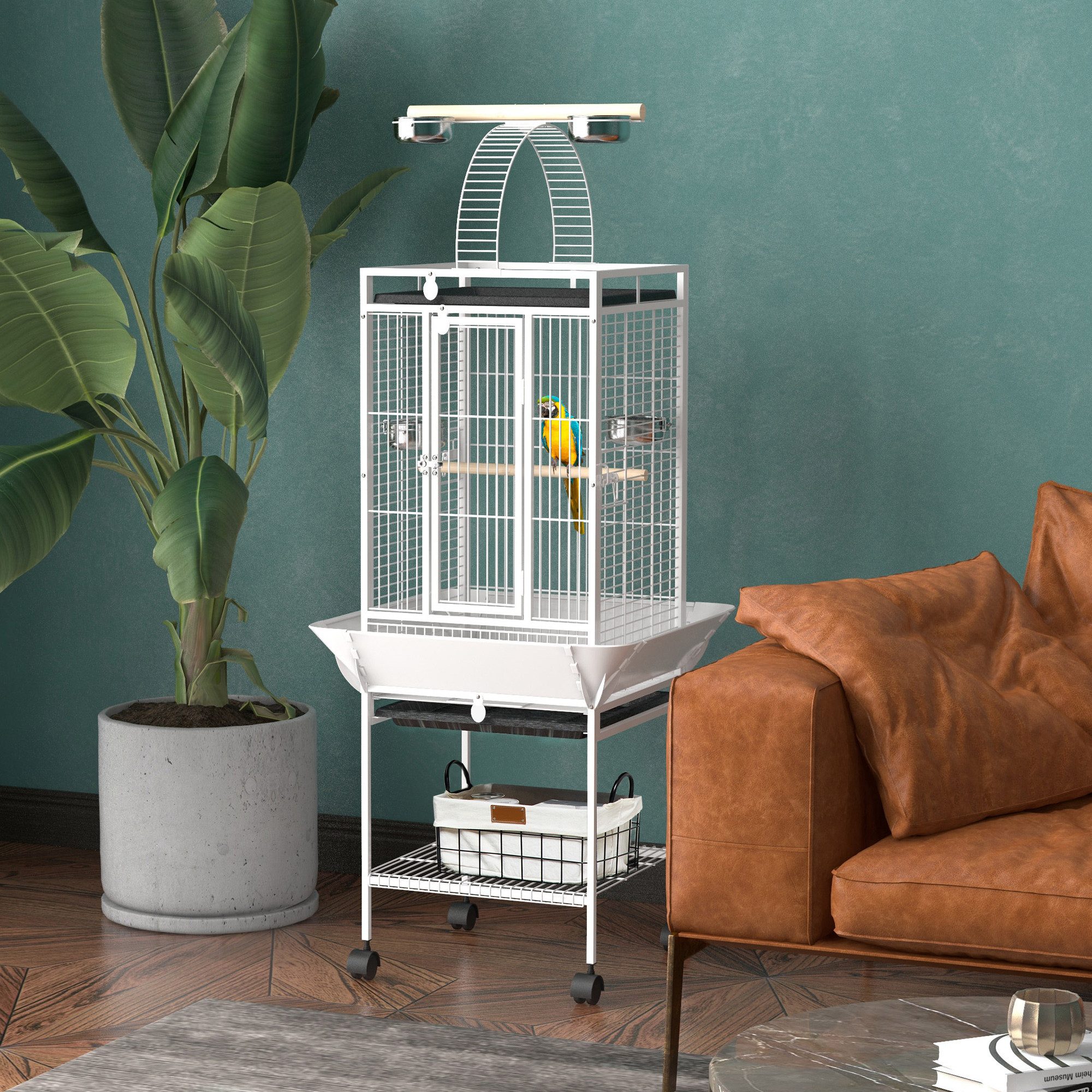 PawHut Vogelkäfig Papageienkäfig mit 3 Türen, Vogelvoliere mit Freisitz, Stahl Voliere für Nymphensittiche, 62,5x62,5x156cm, Weiß