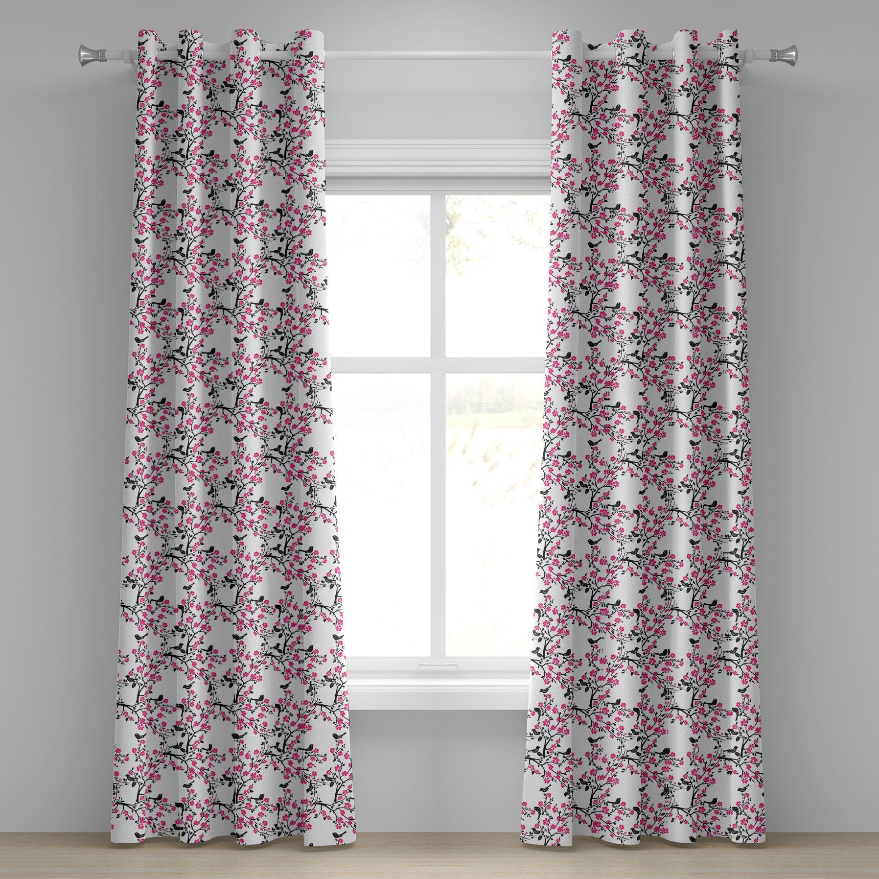 Gardine Dekorative 2-Panel-Fenstervorhänge Wohnzimmer, Kirschblüte für Sakura-Baum-Vogel Schlafzimmer Abakuhaus
