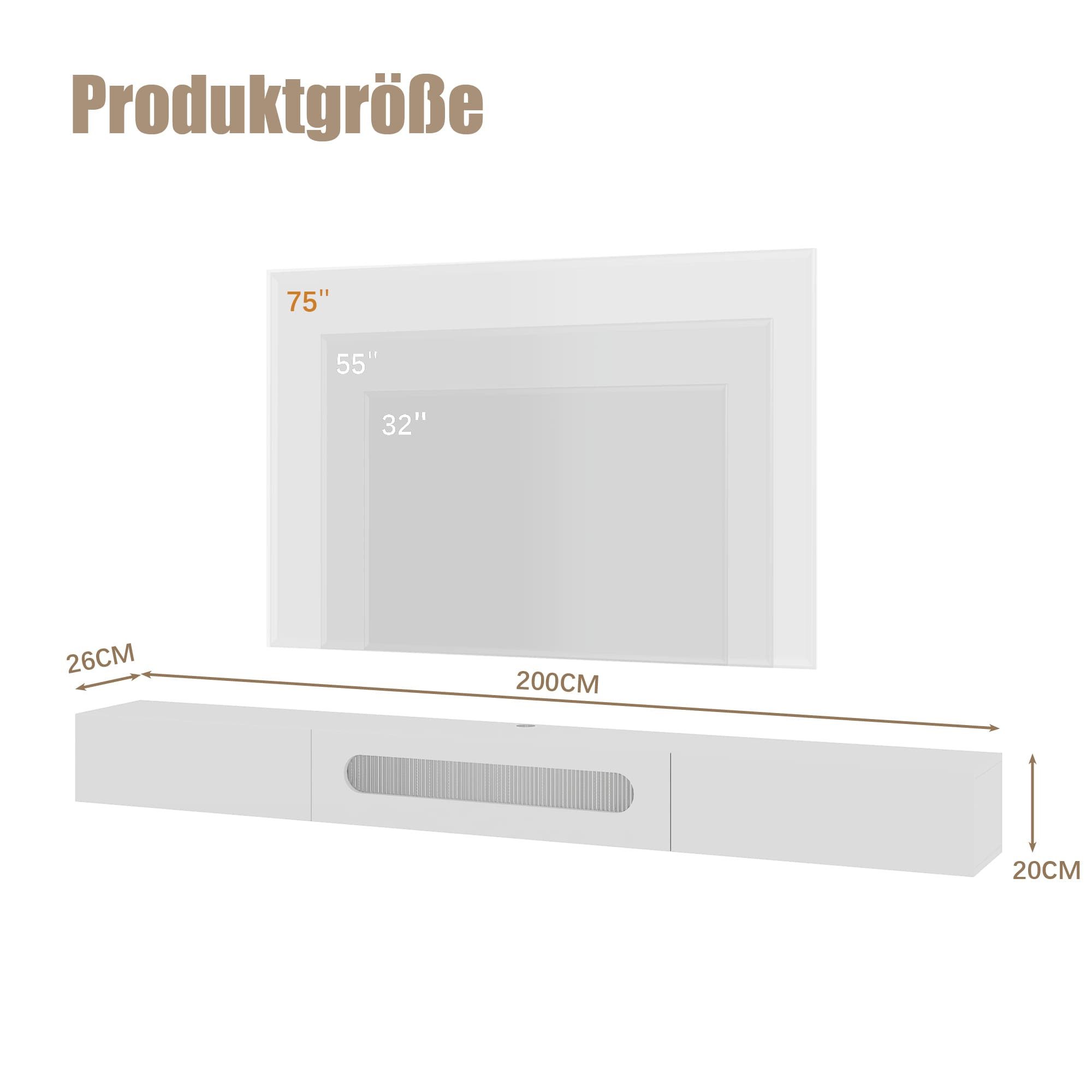 radelldar TV-Schrank Lowboard mit LED-Beleuchtung, 200cm, Hochglanz, (1-St) für Fernseher bis zu 75 Zoll, hängend