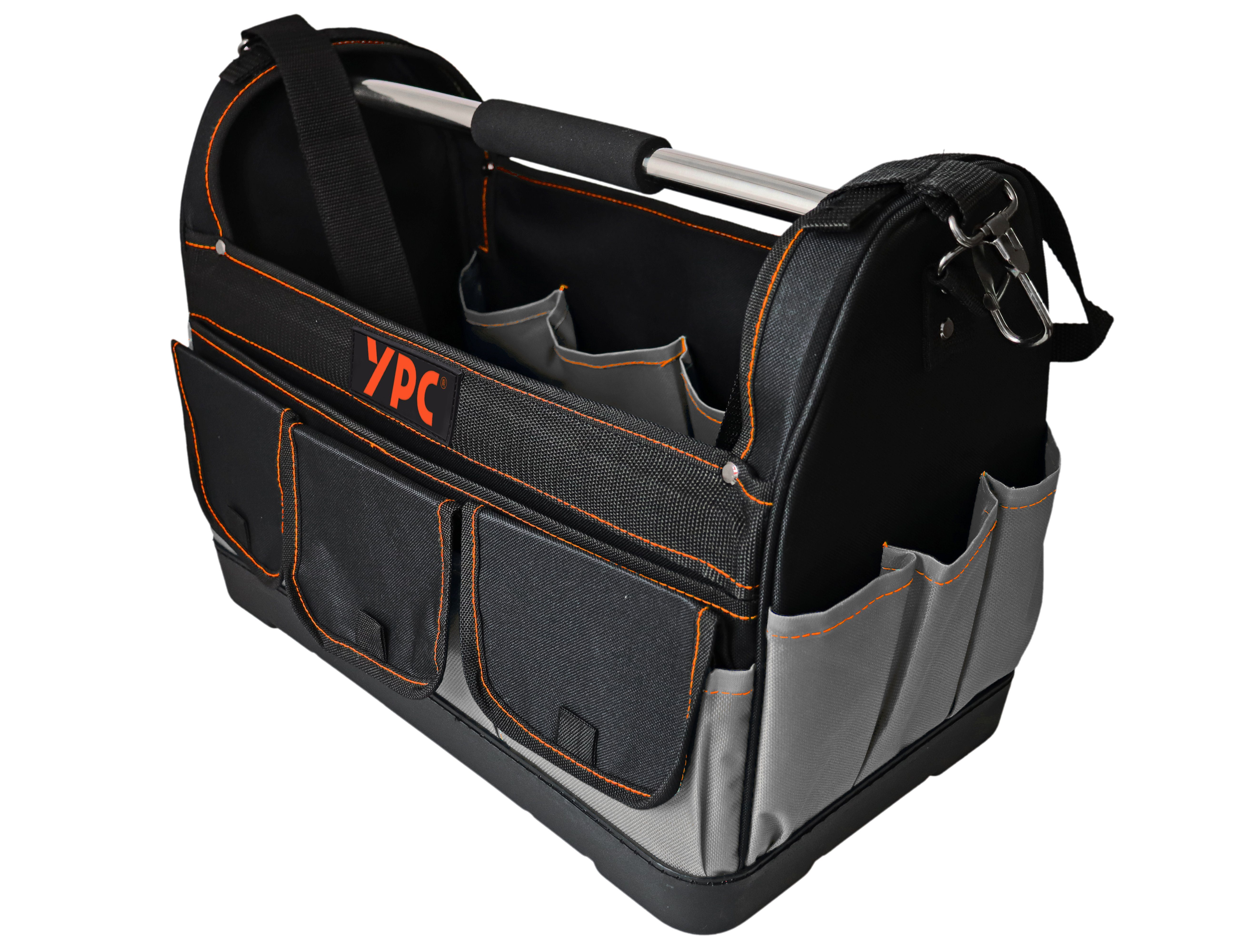 YPC Werkzeugtasche "Pioneer" Werkzeugkorb XXL, offene Werkzeugtasche mit Metallgriff, 45x35x23cm, 20 kg Tragkraft, Tragetasche für Werkzeug mit Haltern, Fächern und Einschüben Grau