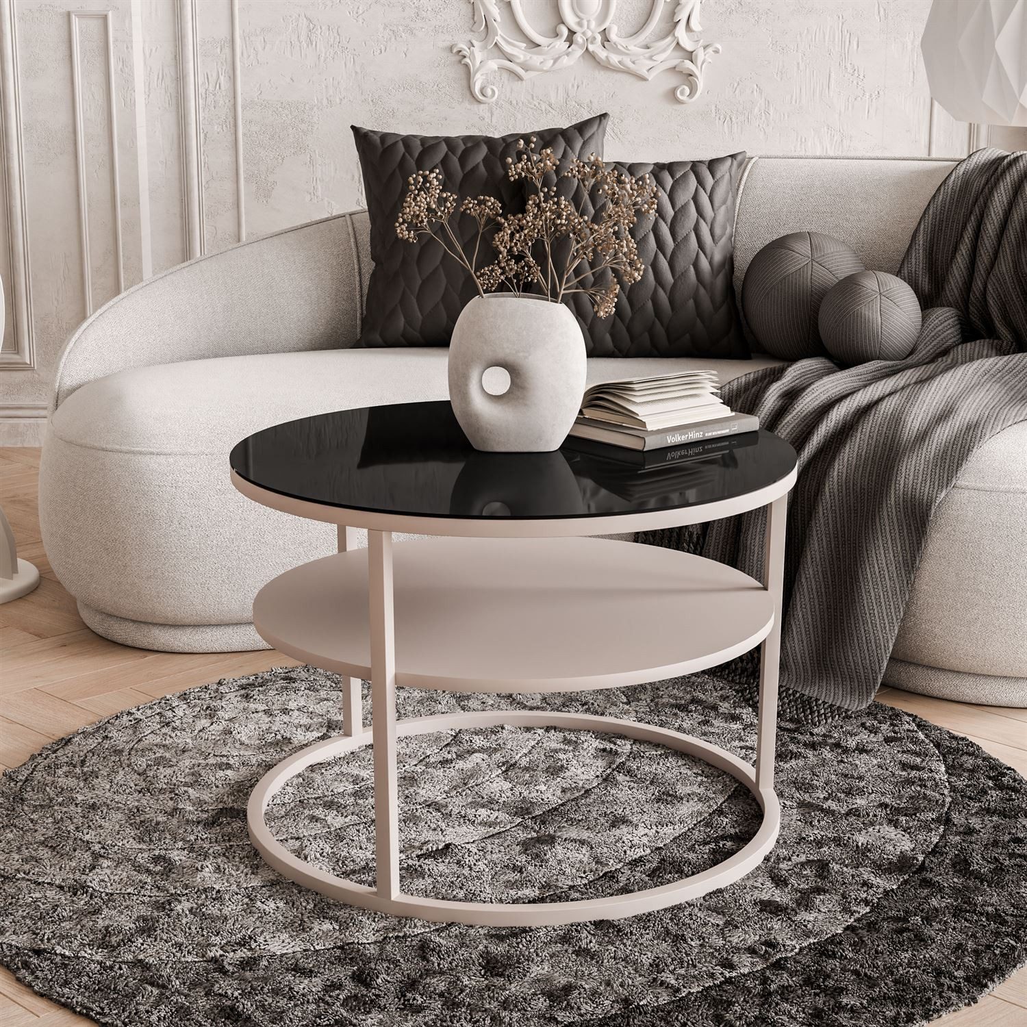 Lookway Couchtisch CIRI GLASS Kaschmir mit Ablage (1 Tisch), Durchmesser: ⌀ 70 cm