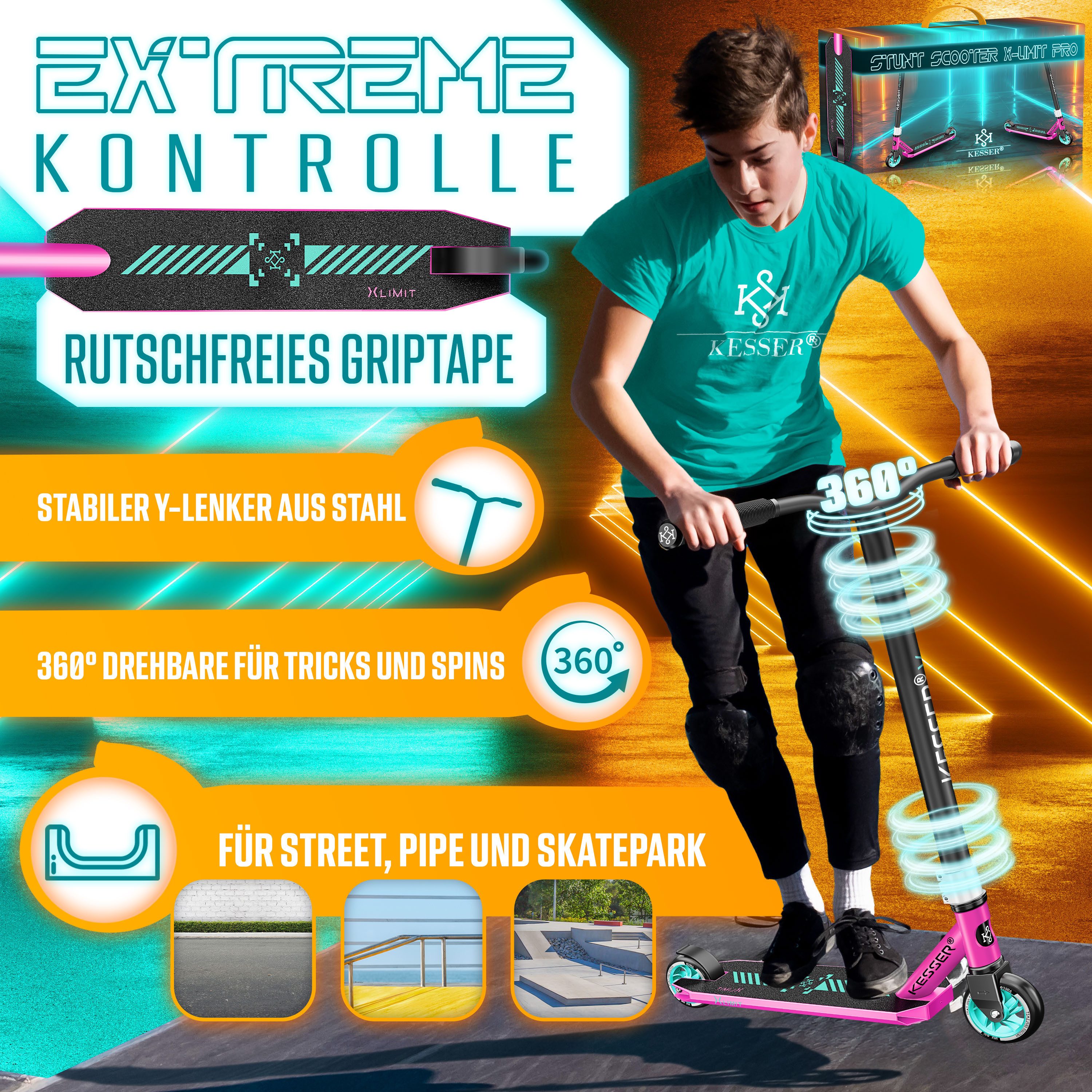 KESSER Scooter, Stunt Scooter X-Limit-Pro 360° Lenkung Funscooter Stuntscooter