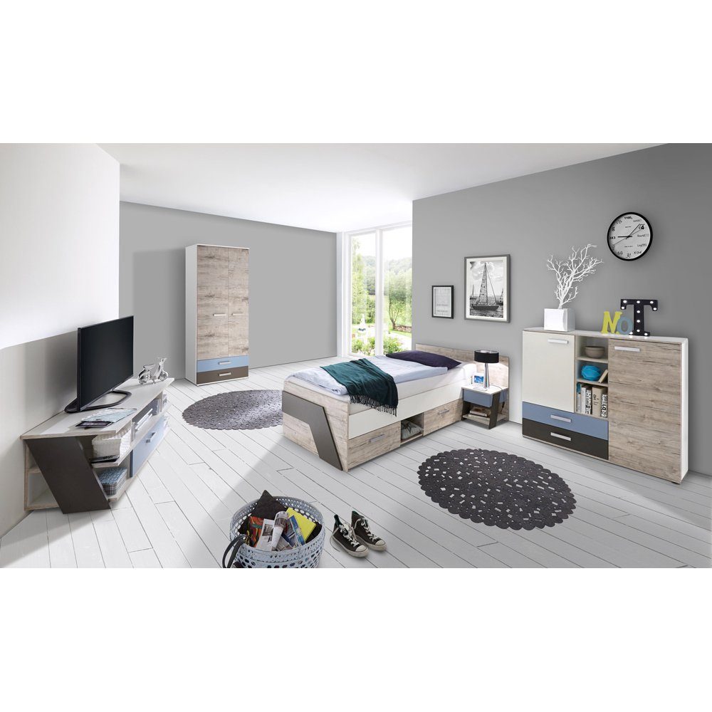 Lomadox Jugendzimmer-Set (Sparset, Blau weiß LEEDS-10, Nachbildung und Sandeiche Lava mit Denim 5-tlg)