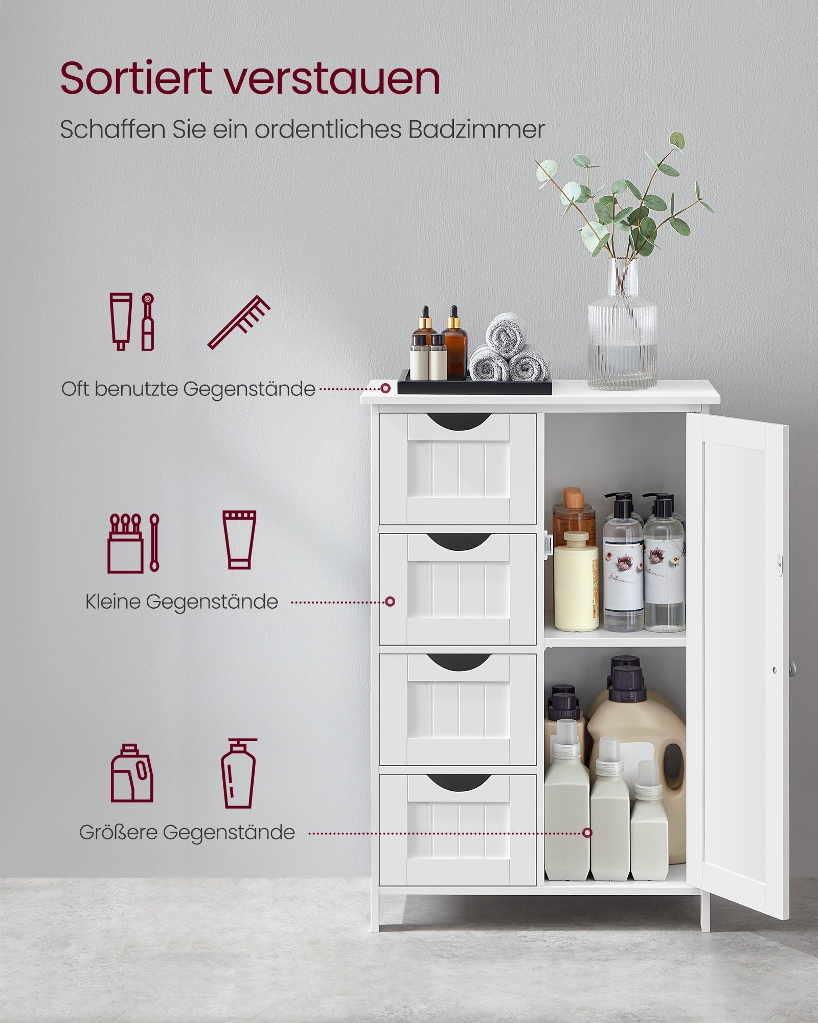 VASAGLE Badmöbel-Set Badezimmerschrank Badschrank Beistellschrank,verstellbare Ablage, mit 4 Schubladen, Schranktür,30 x 55 x 82 cm,Kommode – Bild 5 von 5