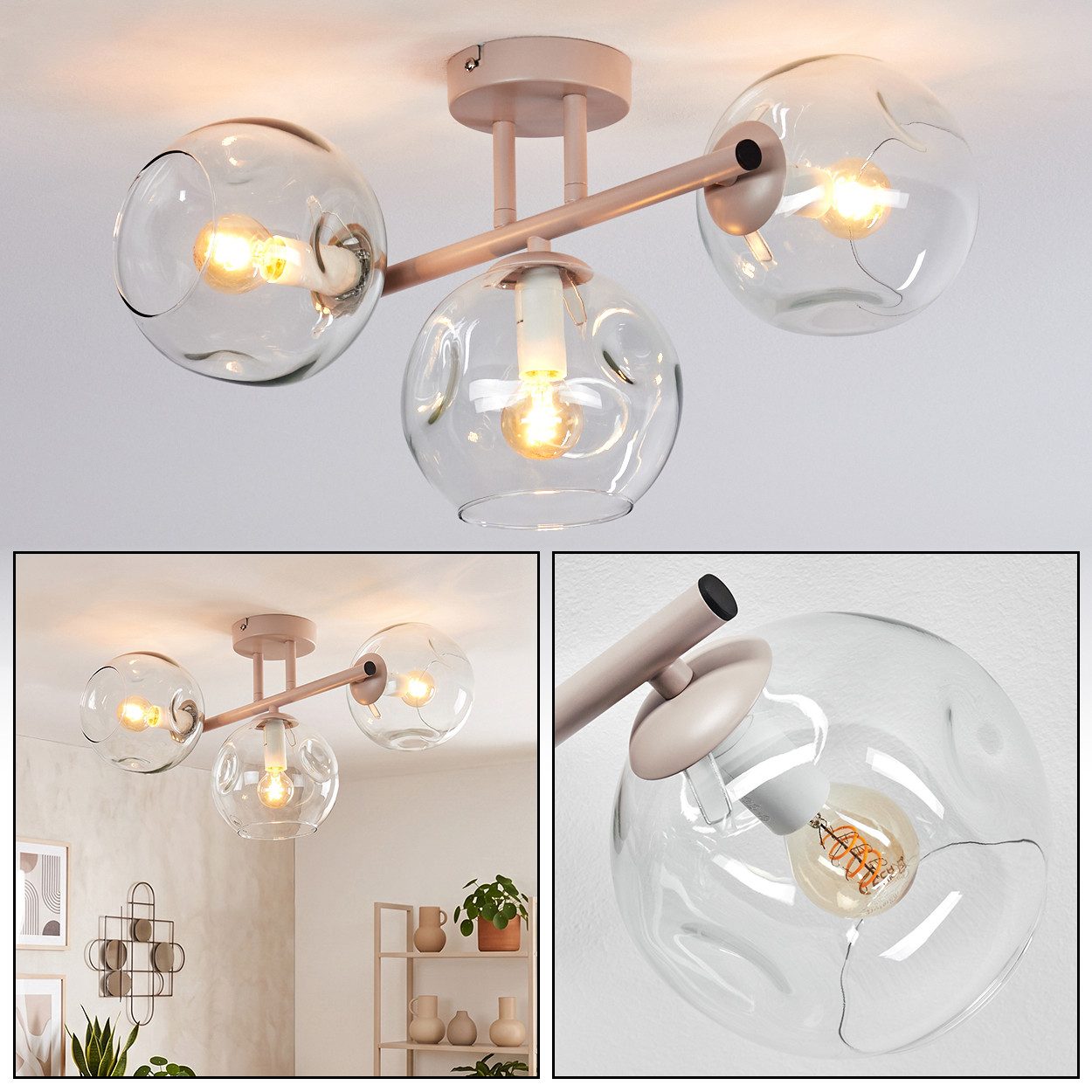 hofstein Deckenleuchte Deckenlampe aus Metall/Glas in Sandfarben/Weiß/Klar, moderne Deckenleuchte im Retro/Vintage/Boho-Design, 3 x E14