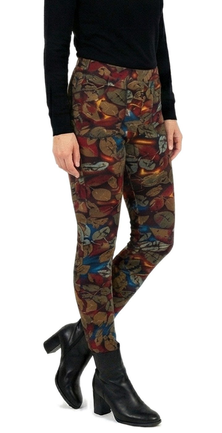 dy_mode Thermohose Damen Thermohose Herbstlaub-Muster Gefütterte Winterleggings Middel Waist, mit Innenfutter, mit elastischem Bund