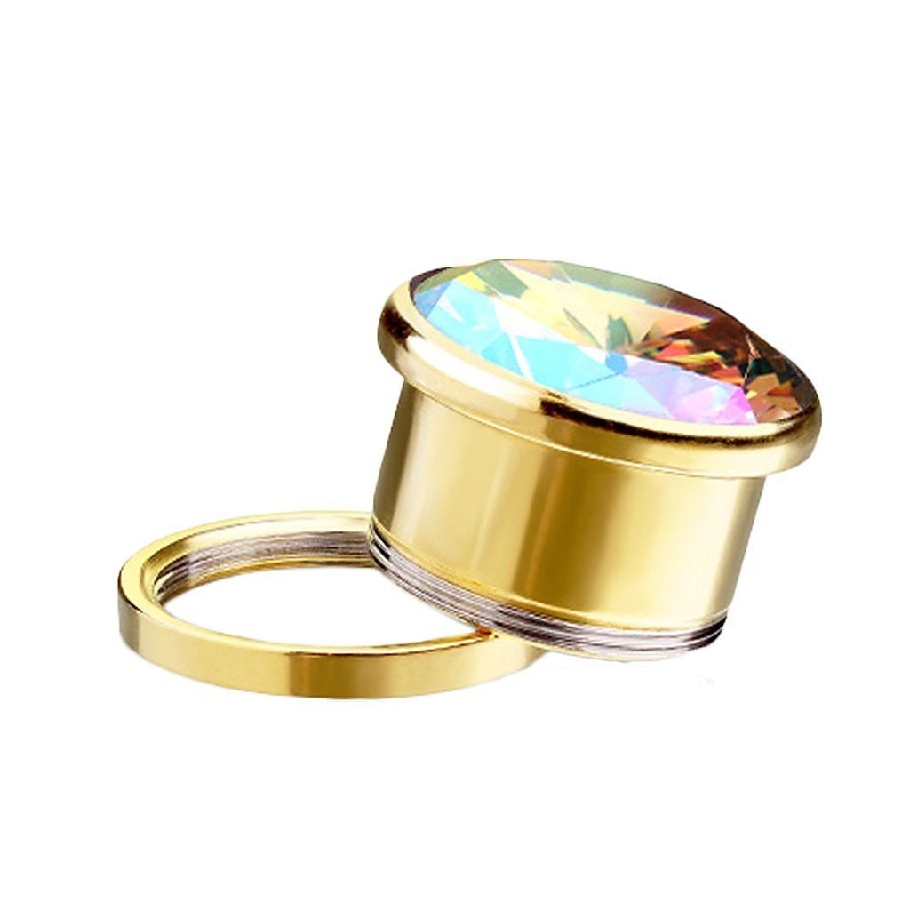 Plug Ohr Piercing Kristall, Ohrpiercing Stein Flesh Zirkonia Gold mit Rainbow eingefassten Schraubverschluß Plug Tunnel großen Taffstyle