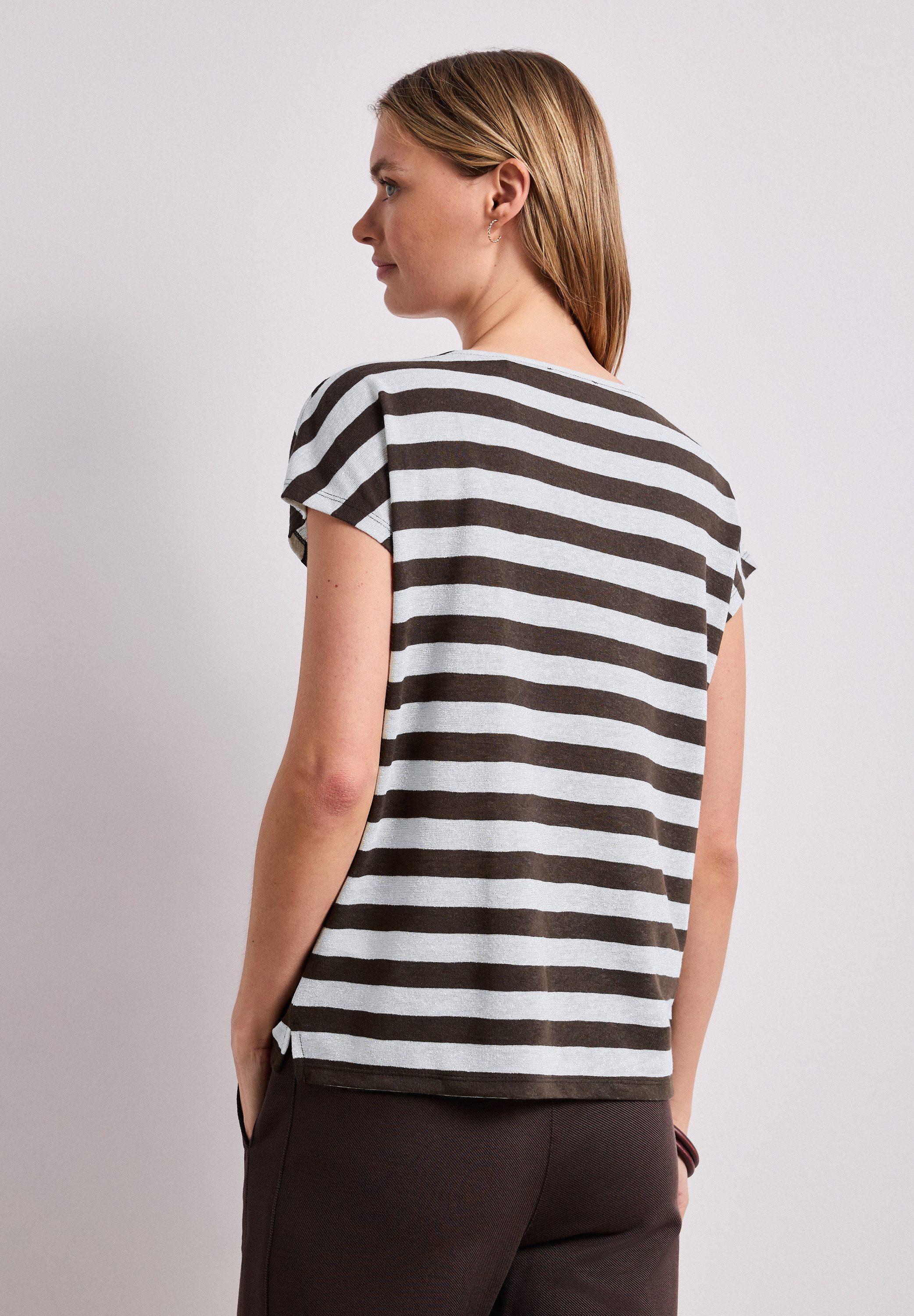 STREET ONE Shirttop Streifenmuster mit Glitzerdetails, seitliche Schlitze