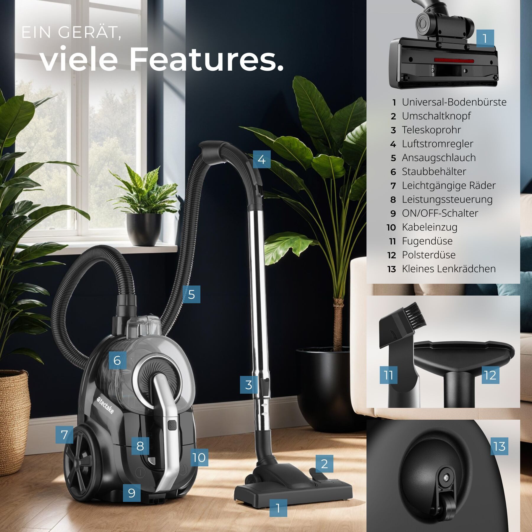 tectake Bodenstaubsauger Staubsauger, Staubbehälter, ohne Beutel, 900 W, beutellos