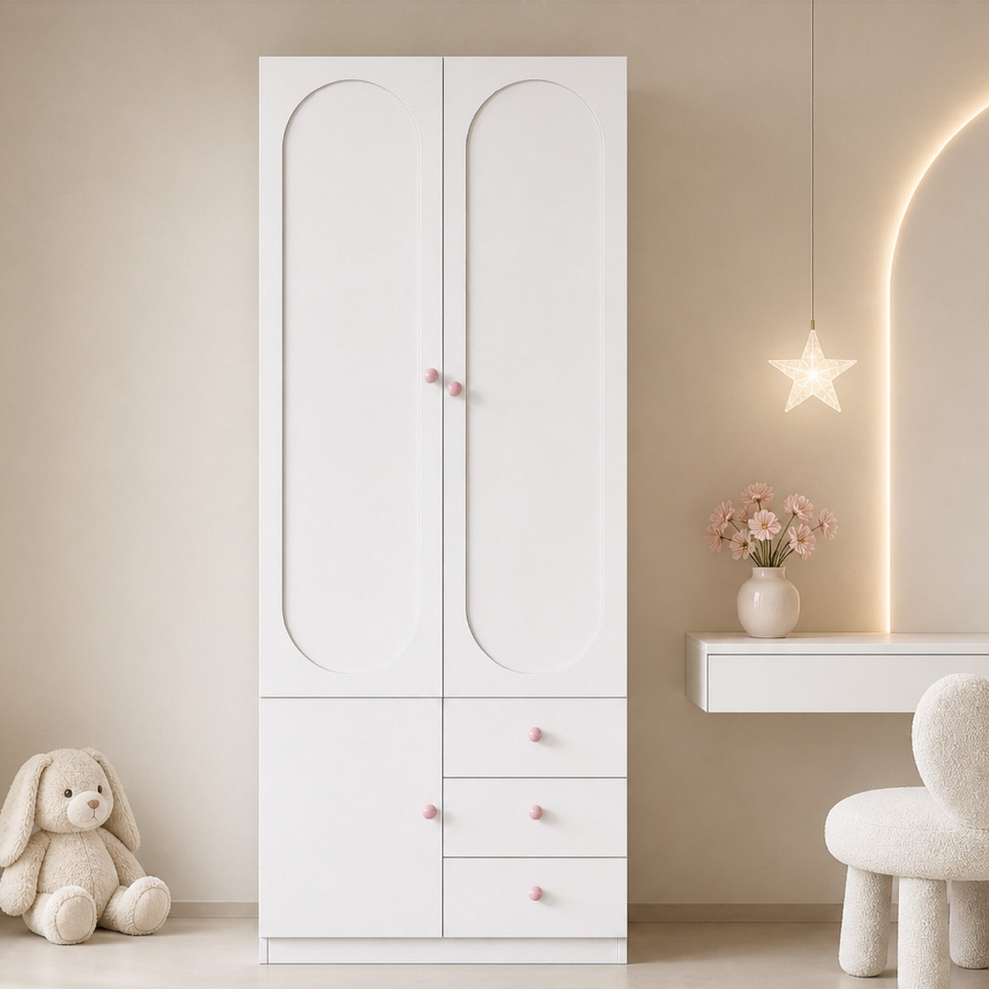 HAUSS SPOLE Kleiderschrank 1st.Kinderzimmermöbel mit Kleiderstange und rosa Keramikgriffe,Weiß (Mehrzweck-Schrank Kinderkleiderschrank mit Schubladen für Schlafzimmer, 1-St) Rosa Keramikgriff-Gestaltung