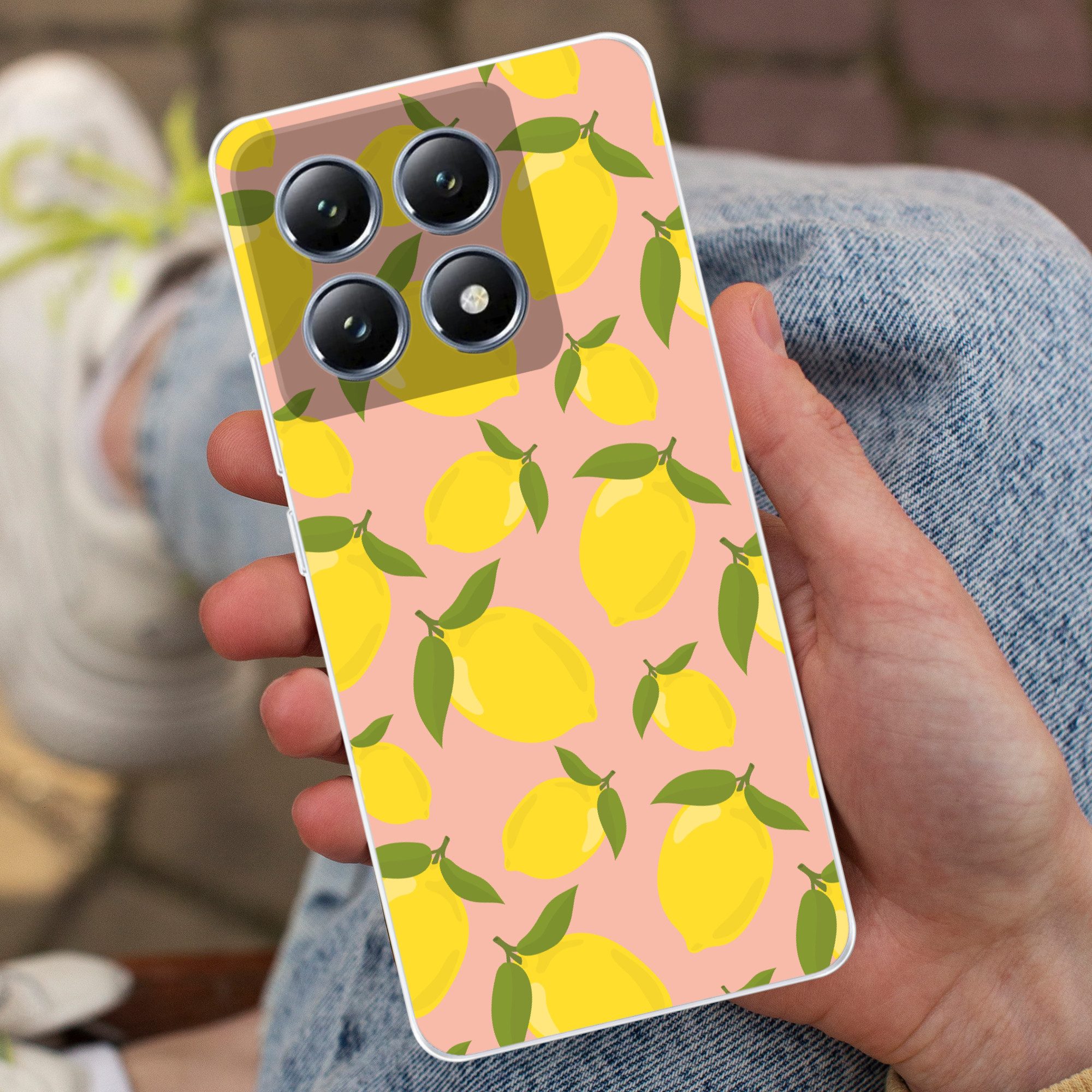 MuchoWow Handyhülle für Xiaomi 14T Zitronen - Gelb - Rosa - Muster - Obst, Handy Case, Silikon, Bumper Case Dünn