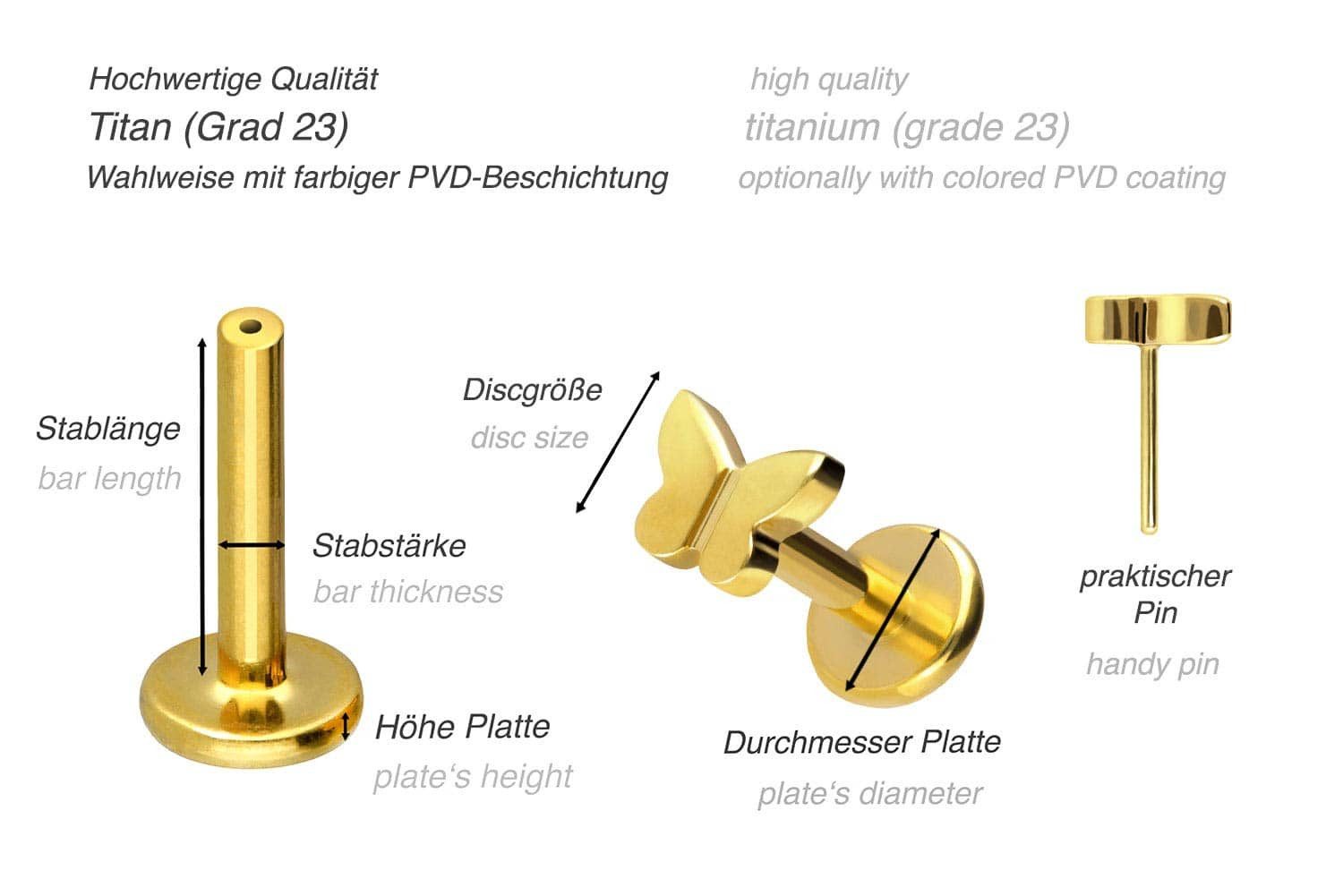 PIERCINGLINE Piercing-Set Titan Labret mit Push Fit SCHMETTERLING (Labrets, 1-tlg)