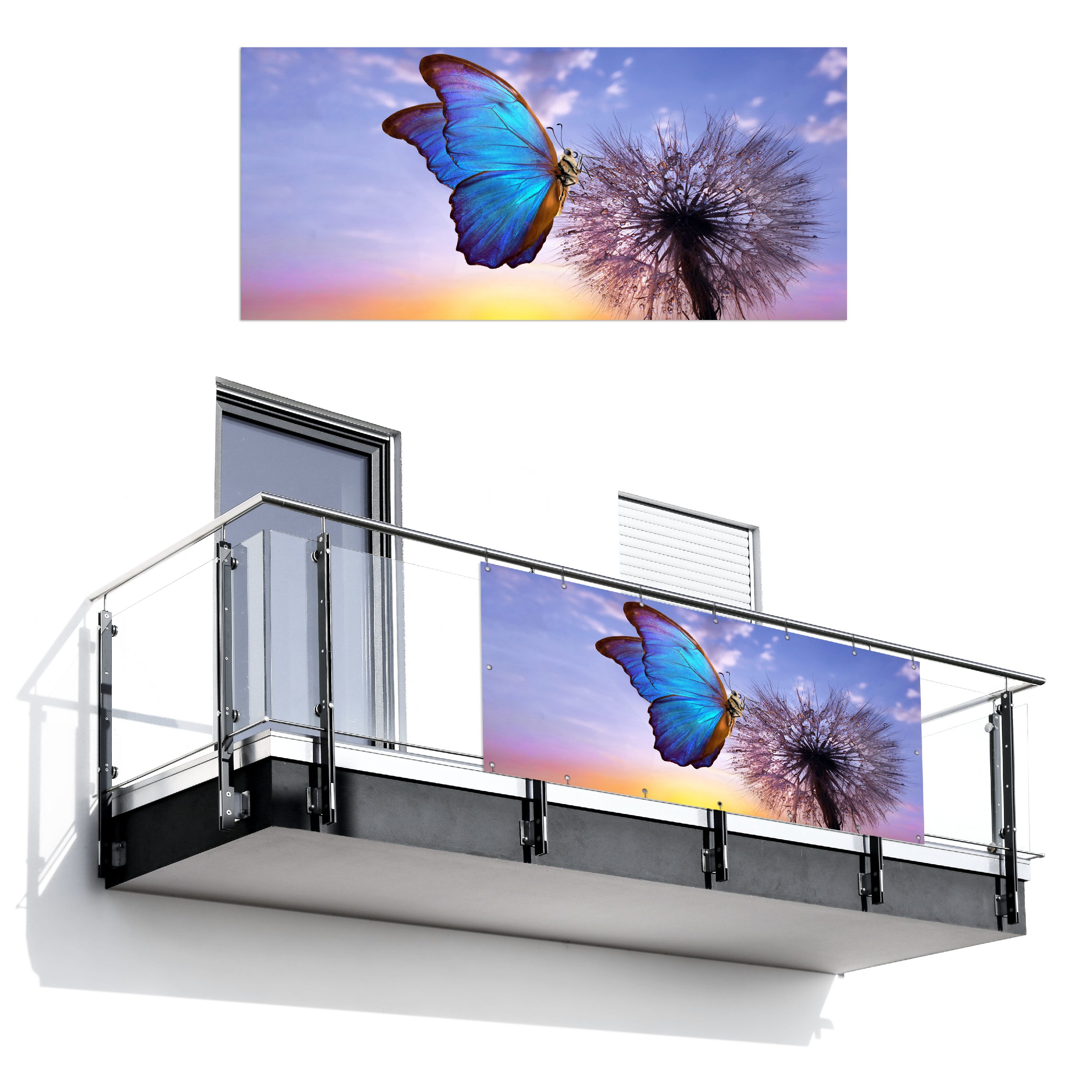 MuchoWow Balkonsichtschutz Schmetterling - Sonnenuntergang - Löwenzahn - Blau (1-St) Balkon Sichtschutz 90x200, Windschutz für Zaun PVC, 200x90 cm